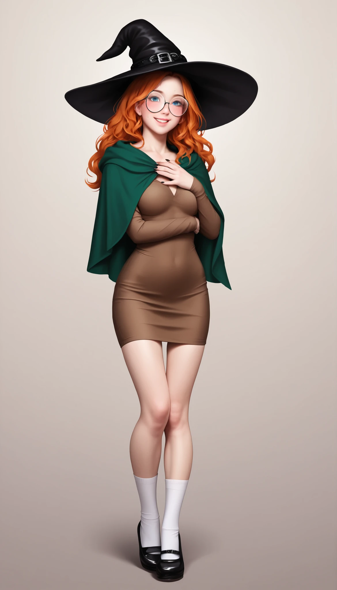 Sharp face details. realistic skin texture. Trending. Masterpiece. Full body. thick outlines style. Dynamic character pose. main character. girl pale white skin, detailed eyebrows, right eyebrow up. perfect cute face, cute and petite body. shy pose. short girl 155 cm height. 45 kg weight. playful smiling face expression. looking at viewer with shy playful smile. beautiful lips, cute big cheeks, slightly blush. detailed medium breasts. sweat on cheek. detailed sweat. shy smile. cute face. Female is a cute small girl, short petite, 20 years old, detailed standing pose, girl with long wavy hair. wavy light-orange hair, wavy bob-A hairstyle, chaotic wavy hair. clear forehead. Oversized round glasses. perfect round glasses. adjusting glasses with one hand. detailed blue eyes, detailed body. detailed realistic skin, pale white skin. Huge black witch hat. Huge old witch hat. Black detailed hat. hip-length dress, peasant dress. peanut-brown dress. cotton brown short dress. White toe-socks, clear socks. tight-fitting thin white socks. black mary jane shoes, green cloak. short green cloak on top. detailed hips. blush on the knees. blush on pale body. Dark nails. Detailed dark nails. simple background. gothic girl aesthetic. logic body proportions, detailed legs, perfect anatomy. realistic toes. realistic proportions. tender pale skin. pale-white girl. soft details, intricate details, masterpiece, ultra detailed face, high quality, 8k, fat outlines drawing. inspired by darkest dungeon style. best quality, realistic, cinematic, powerful composition. dark souls atmosphere. A game of shadows. Clear. Simple white background. sensual and dramatic light. Sharp face focus, dramatic chiaroscuro. ultra shadows. Inspired by realistic art. Detailed fingers, detailed hands, detailed skin, Detailed face, realistic body, detailed face. Detailed eyes.