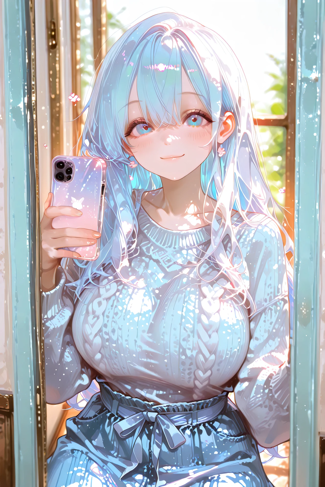 Highest Quality、high resolution、masterpiece、high resolution写真、natural light、bright colors、Shallow Depth of Field、Realistic Details、HDR effects 、Beautiful girl、Huge Chest、perfect body line、
cheerful and bright、acts slightly strangely、 fluffy semi-long hair (hour々 but )、Big eyes and a soft smile、Pastel color-centered outfit、Soft Light、Slightly humorous and adorable moments in everyday life、carefully depicted down to the smallest detail、draw the background according to the situation、A BRIGHT AND FRIENDLY ATMOSPHERE、Put your smartphone in your ear in your room、lavender-colored knit and light blue denim skirt、have a conversation by the window at sunset surrounded by travel pamphlets、cute