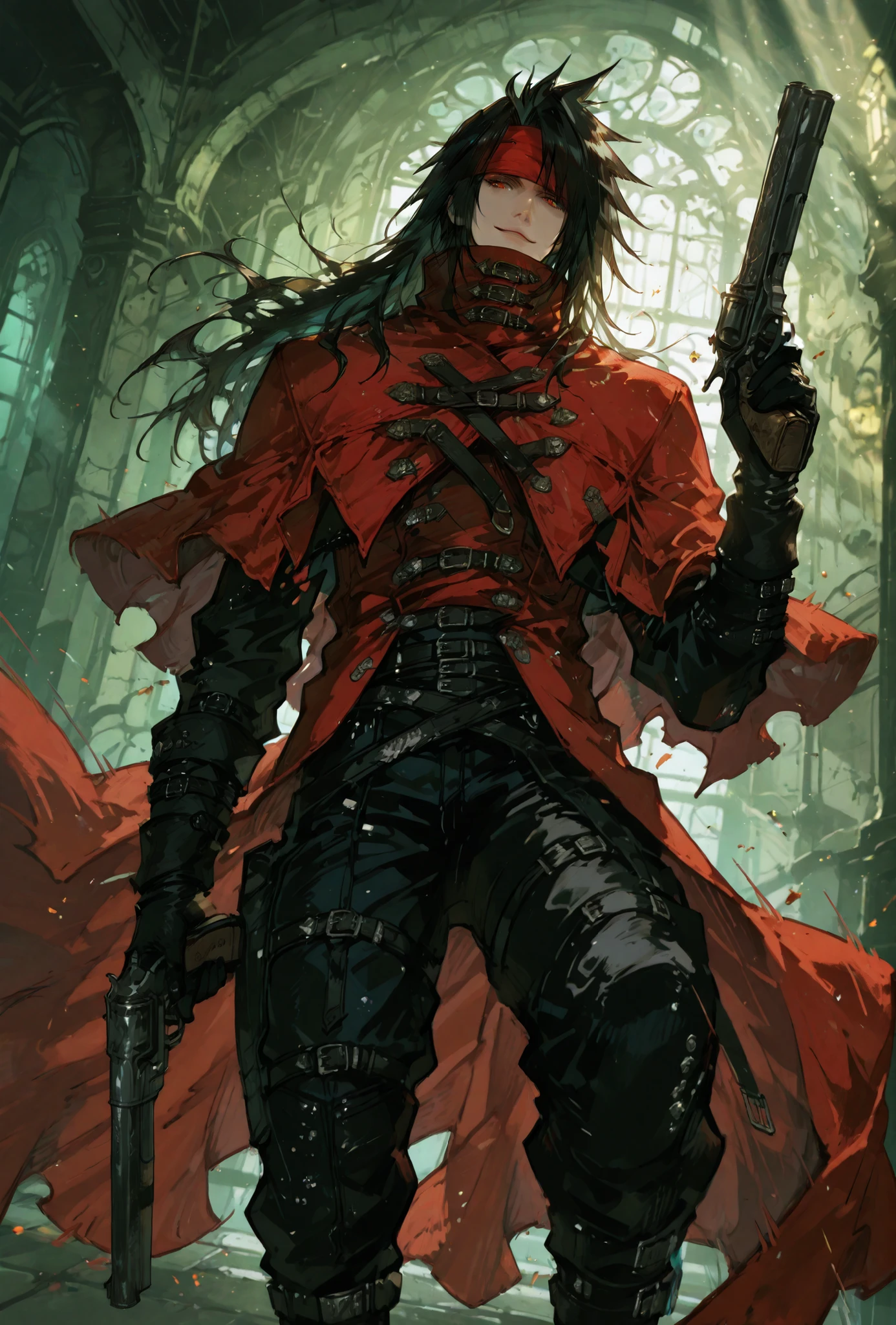 (score_9,score_8_up,score_7_up),((MAN, 1 MAN, VINCENT VALENTINE , FINAL FANTASY VII, VINCENT full clothers, WITH A RED BROKEN CLOACK, WITH GUN REVOLVER,)), ,,extremely detailed,dynamic lighting,best quality,,,best quality,high quality,, , dynamic angle, , thick thighs, motion lines,, , solo, perfect eyes,,DETAIL,MASTERPIECE,,Expressiveh, ultra detailed,,,,very detailed,extremely detailed,dynamic lighting,best quality,(score_9,score_8_up,score_7_up), VINCENT, FINAL FANTASY, RED eyes, BLACK LONG hair, , BADASS POSE,ATLETICH BODY TYPE,,extremely detailed,dynamic lighting,best quality,pale skin,evil smile,, sleeve, GOLDEN GAULET