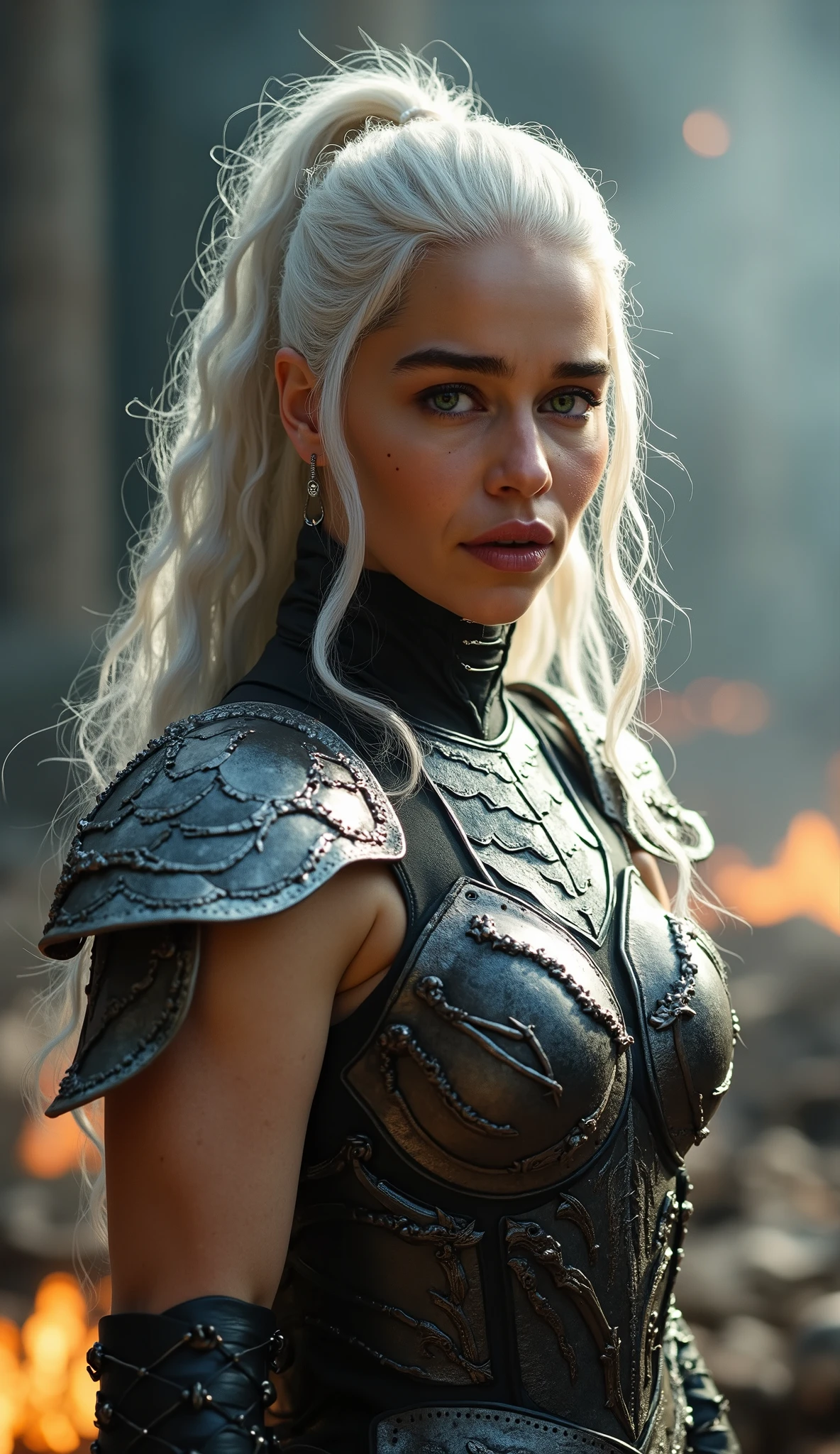 A realistic image for a photograph of a Targaryen princess in the appearance of a Targaryen warrior. Her body is incredibly defined, muscular, and feminine, reflecting both strength and grace. Her white hair cascades in multiple braids, adorned with intricate details. Her clear violet eyes emit a radiant energy, giving her an almost otherworldly aura. Her thick and precisely shaped eyebrows frame her striking and perfectly symmetrical face.

The teenage girl of classic Valyrian appearance, with white hair, purple eyes and slim build, with violet eyes. Her expression is one of solemn determination, reflecting her preparation for battle. In the background, An active volcano spews fiery plumes, Its molten intensity contrasting with the gray sky above.

The camera chosen captures the warrior's entire body, showing both her warrior stance and her inherent elegance. The image conveys the perfect mix of beauty, strength, and ferocity that defines this Targaryen warrior. The contrast between his delicate features and his robust physique, combined with the fiery backdrop, creates an image that is both captivating and evocative, Cinematic, Hyper Detailed, Crazy Details, Beautifully Colored, Unreal Engine, DOF, Super Resolution, Mega Pixel , cinematic Lightning, Antialiasing, FKA, TXAA, RTX, SSAO, Post-processing, Post-production, Tone mapping, cgi, visual effects, sound effects, Incredibly detailed and intricate, Hyper maximalist, Hyper realistic, volumetric, Photorealistic, ultra photoreal , ultra detailed, intricate details, super detailed, full color, volumetric lightning, HDR, realistic, Unreal Engine, 16k, sharp focus, octane rendering
