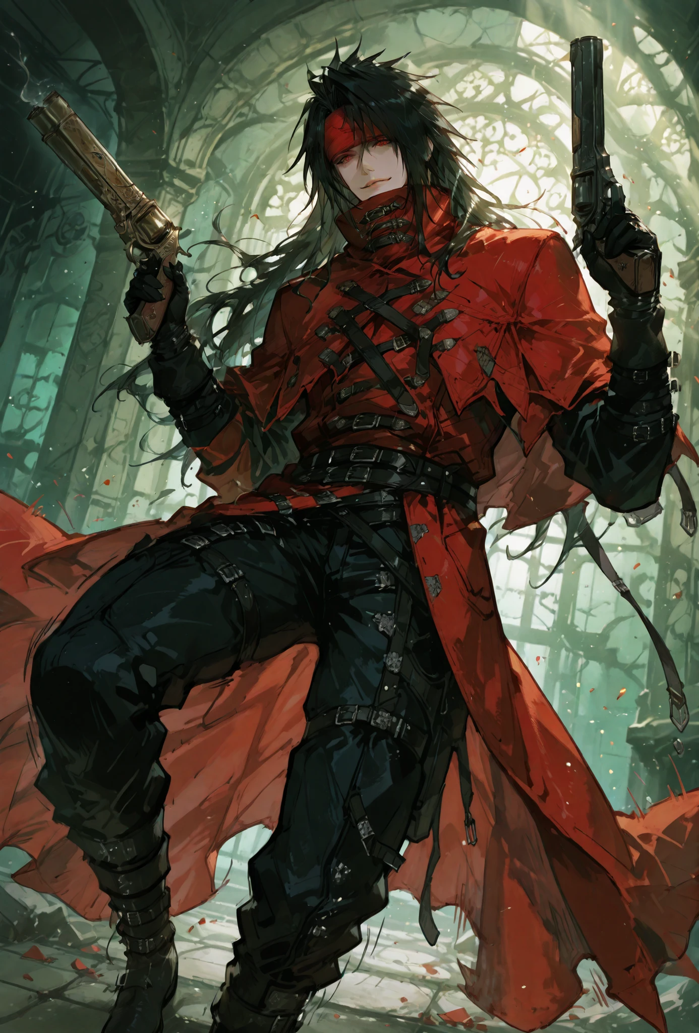 (score_9,score_8_up,score_7_up),((MAN, 1 MAN, VINCENT VALENTINE , FINAL FANTASY VII, VINCENT full clothers, WITH A RED BROKEN CLOACK, WITH GUN REVOLVER,)), ,,extremely detailed,dynamic lighting,best quality,,,best quality,high quality,, , dynamic angle, , thick thighs, motion lines,, , solo, perfect eyes,,DETAIL,MASTERPIECE,,Expressiveh, ultra detailed,,,,very detailed,extremely detailed,dynamic lighting,best quality,(score_9,score_8_up,score_7_up), VINCENT, FINAL FANTASY, RED eyes, BLACK LONG hair, , BADASS POSE,ATLETICH BODY TYPE,,extremely detailed,dynamic lighting,best quality,pale skin,evil smile,, sleeve, GOLDEN GAULET