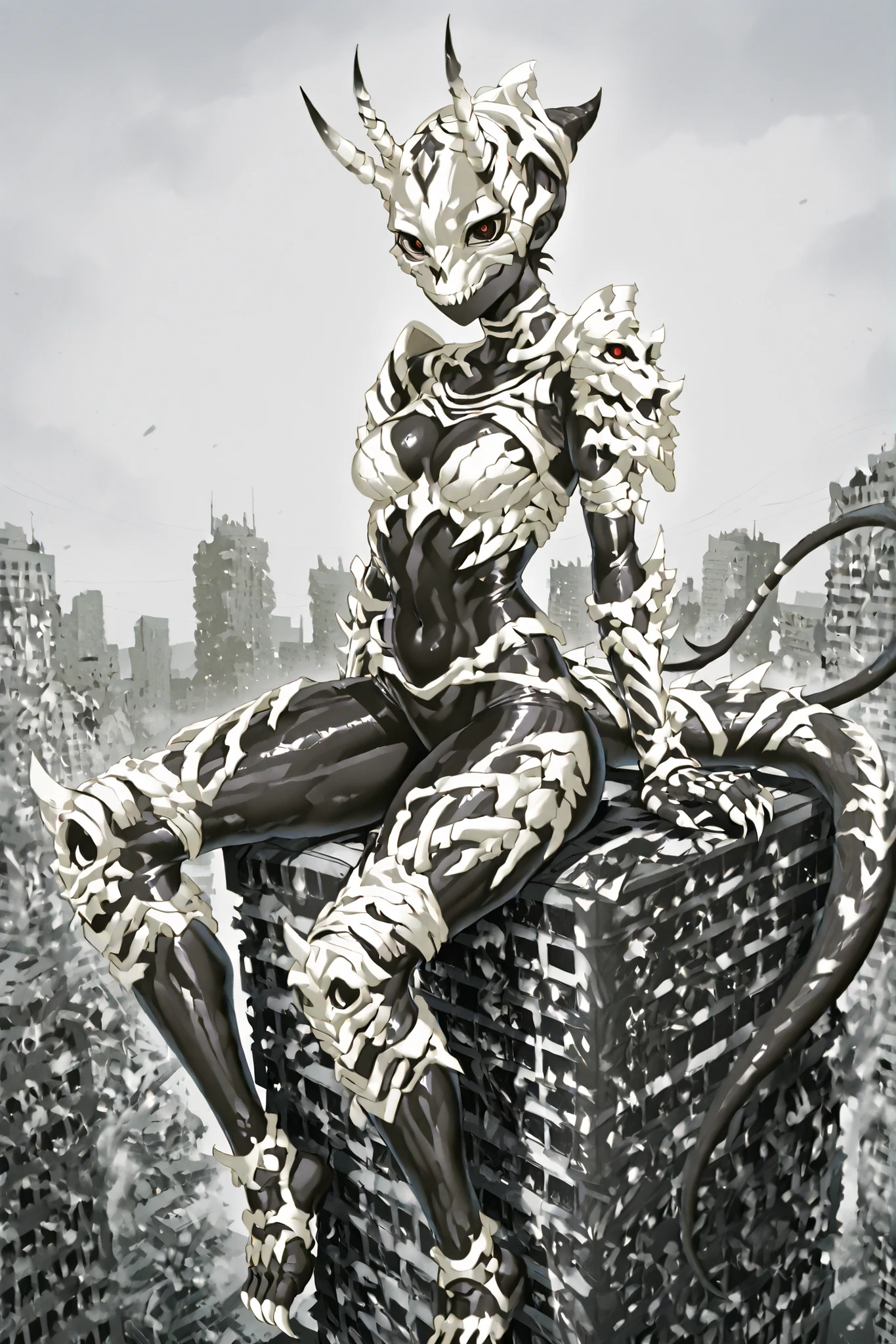 Reptilian girl. Kaiju. Monster X. Black bodysuit. Skeleton mask. Black eyes. Red pupils. Horn on the forehead. White bone armor. Shoulder armor. Sharp claws. Slender body. Thighs. Tail. Sitting on a building. Asymmetrically posed legs. A city in the distance. A destroyed city. Post-apocalyptic. Gray sky.