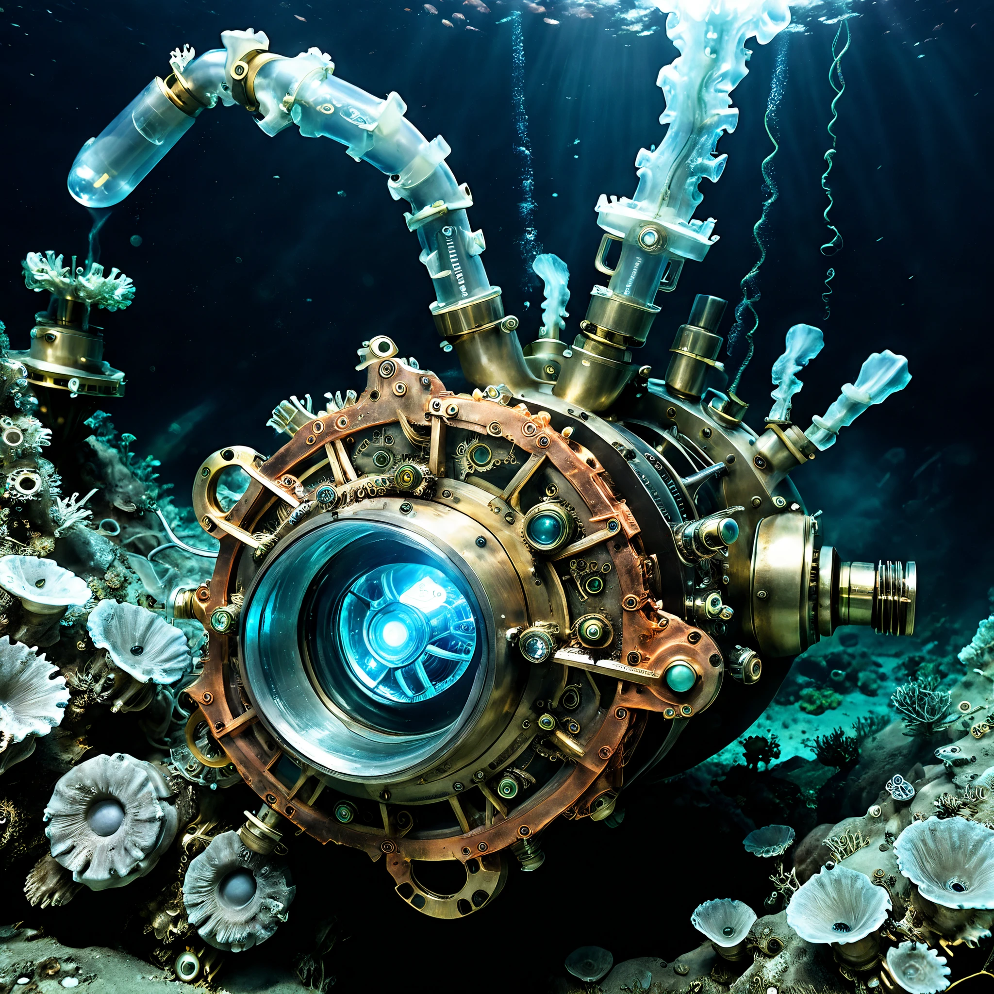 BIOMECHANICAL DEPTHS DISCOVERY: Advanced deep-sea drones encounter mysterious entities combining ancient machinery with living bioluminescence, documented at 6000m in the Mariana Trench.

HYBRID MACHINE-ORGANISM FEATURES:
- Clockwork mechanisms intertwined with living light
- Copper and brass gears flowing with bioluminescent fluid
- Crystalline power cores pulsing with bio-electric energy
- Mechanical tentacles wrapped in barnacles seep sea life, exposed metal, gears, and frayed metal wires
- Victorian-style diving apparatus merged with sea life
- panels marked with ancient symbols , etched words in unknown language.b

TECHNOLOGICAL-ORGANIC DETAILS:
- Steam-punk inspired valves releasing light particles
- Living copper wires conducting bio-energy
- Rotating mechanical eyes with bioluminescent irises and telescopic lenses
- Brass-plated segments with growing coral formations
- Quantum-organic computing nodes glowing with life

ENVIRONMENT:
- Deep-sea pressure creating metallic groaning sounds
- Ancient underwater laboratory ruins
- Fields of thermal vents with metal deposits
- Mysterious energy grid patterns on seafloor
- Swirling clouds of metallic marine snow

ATMOSPHERIC ELEMENTS:
- Bio-mechanical light sources
- Electric-blue energy discharges
- Swirling metallic particles in water
- Pressure distortion around mechanical parts
- Mysterious power signatures in darkness

TECHNICAL ASPECTS:
- Ultra-high resolution low-light photography
- Multiple ROV light sources
- Professional deep-sea cinematography
- Documentary research style