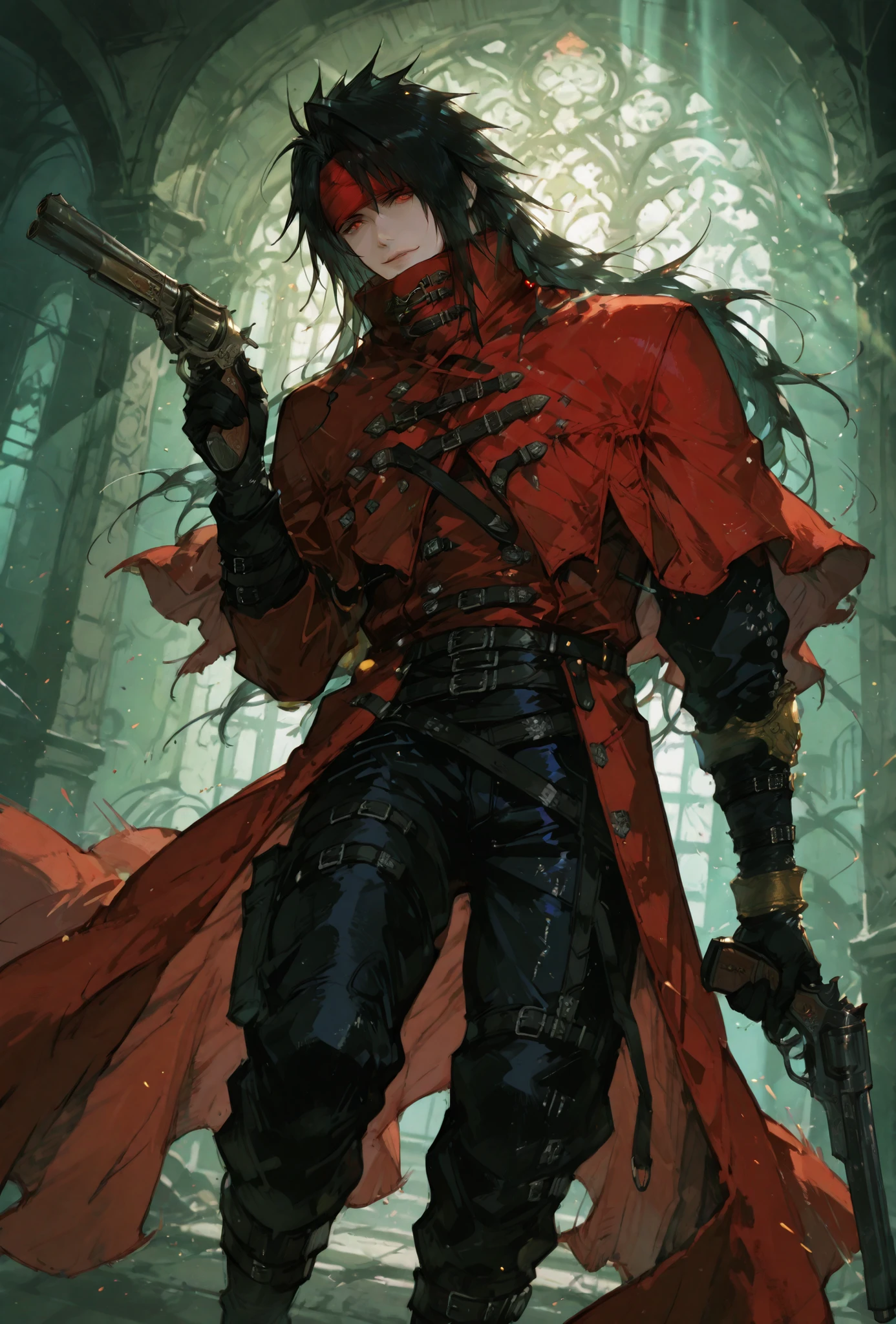 (score_9,score_8_up,score_7_up),((MAN, 1 MAN, VINCENT VALENTINE , FINAL FANTASY VII, VINCENT full clothers, WITH A RED BROKEN CLOACK, WITH GUN REVOLVER,)), ,,extremely detailed,dynamic lighting,best quality,,,best quality,high quality,, , dynamic angle, , thick thighs, motion lines,, , solo, perfect eyes,,DETAIL,MASTERPIECE,,Expressiveh, ultra detailed,,,,very detailed,extremely detailed,dynamic lighting,best quality,(score_9,score_8_up,score_7_up), VINCENT, FINAL FANTASY, RED eyes, BLACK LONG hair, , BADASS POSE,ATLETICH BODY TYPE,,extremely detailed,dynamic lighting,best quality,pale skin,evil smile,, sleeve, GOLDEN GAULET