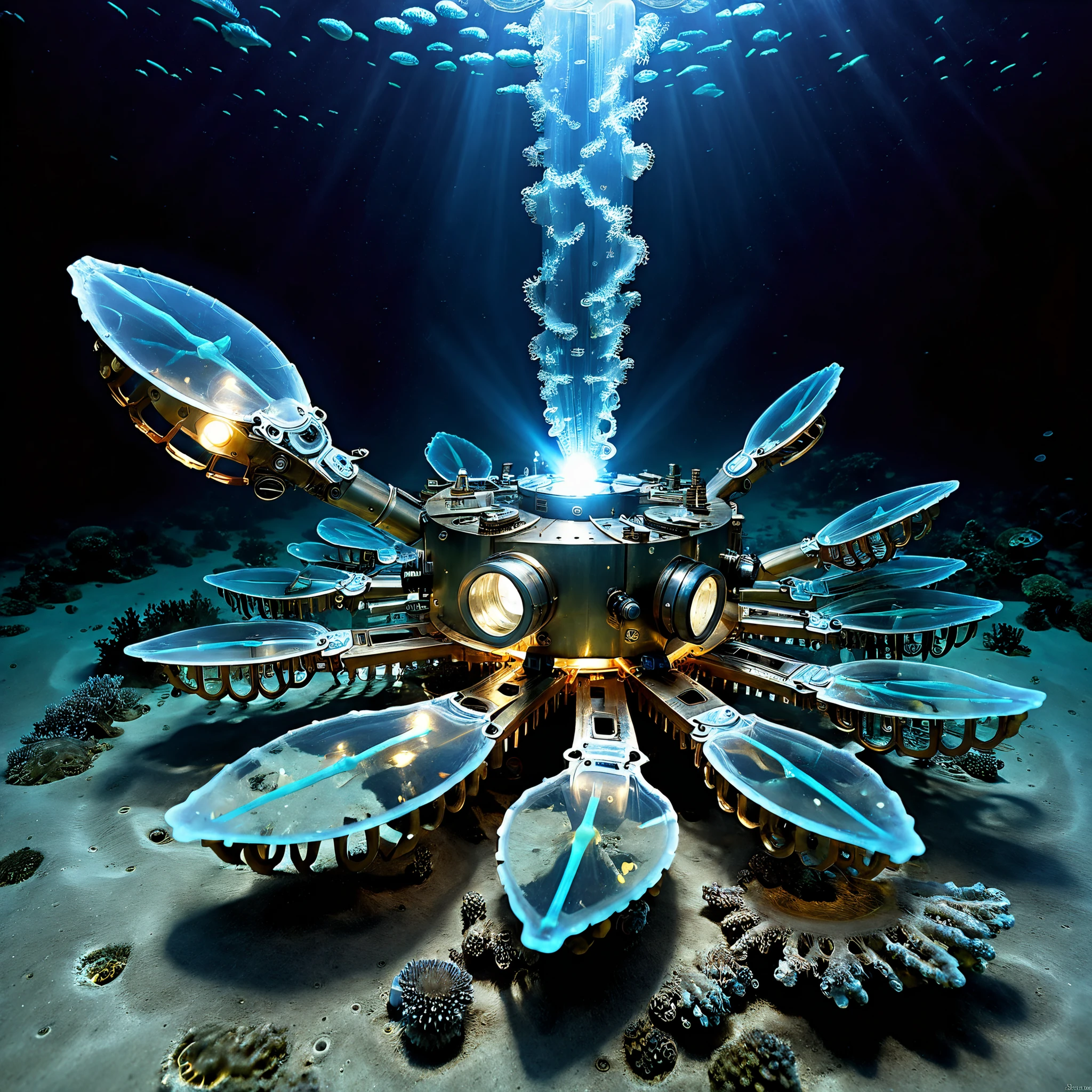 BIOMECHANICAL DEPTHS DISCOVERY: Advanced deep-sea drones encounter mysterious entities combining ancient machinery with living bioluminescence, documented at 6000m in the Mariana Trench.

HYBRID MACHINE-ORGANISM FEATURES:
- Clockwork mechanisms intertwined with living light
- Copper and brass gears flowing with bioluminescent fluid
- Crystalline power cores pulsing with bio-electric energy
- Mechanical tentacles wrapped in barnacles seep sea life, exposed metal, gears, and frayed metal wires
- Victorian-style diving apparatus merged with sea life
- panels marked with ancient symbols , etched words in unknown language.b

TECHNOLOGICAL-ORGANIC DETAILS:
- Steam-punk inspired valves releasing light particles
- Living copper wires conducting bio-energy
- Rotating mechanical eyes with bioluminescent irises and telescopic lenses
- Brass-plated segments with growing coral formations
- Quantum-organic computing nodes glowing with life

ENVIRONMENT:
- Deep-sea pressure creating metallic groaning sounds
- Ancient underwater laboratory ruins
- Fields of thermal vents with metal deposits
- Mysterious energy grid patterns on seafloor
- Swirling clouds of metallic marine snow

ATMOSPHERIC ELEMENTS:
- Bio-mechanical light sources
- Electric-blue energy discharges
- Swirling metallic particles in water
- Pressure distortion around mechanical parts
- Mysterious power signatures in darkness

TECHNICAL ASPECTS:
- Ultra-high resolution low-light photography
- Multiple ROV light sources
- Professional deep-sea cinematography
- Documentary research style