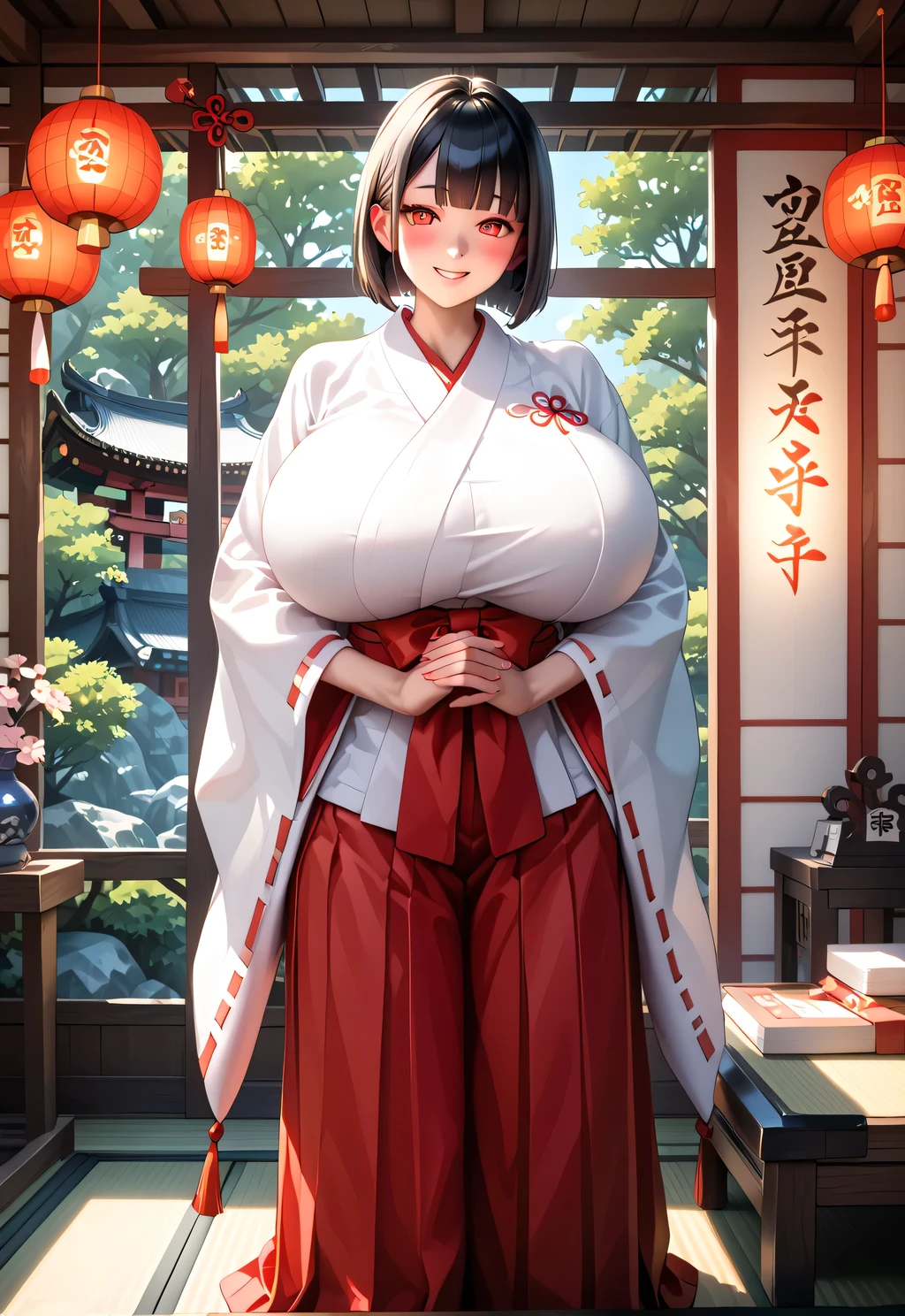 (masterpiece:1.4), (best quality:1.4), ultra-detailed, full body, anime style, elegant and sensual miko (shrine maiden), gigantic breasts wrapped tightly in white shrine robe, long flowing red hakama skirt, traditional Japanese setting, soft lighting, realistic skin texture, black straight bob cut hair with neat bangs, calm and composed facial expression, large soft breasts emphasized by tight fabric, hands clasped gently in front, standing in shrine environment with paper lanterns, traditional wood interior, slightly blushing cheeks, subtle eye shadow, deep and expressive eyes, smooth shading, vibrant colors, refined beauty, dignified yet alluring, kimono texture detail, faint smile, glowing atmosphere,