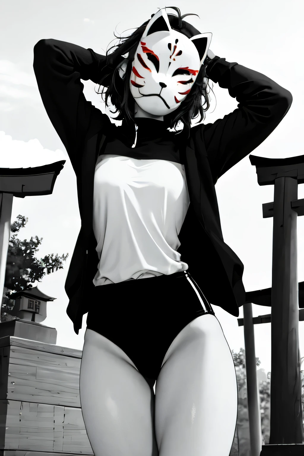 monochrome,anbu,1girl,medium hair,black hair,wearing a black gymnastics bloomers,highleg,self wedgie,white blouse,standing,torii,solo,