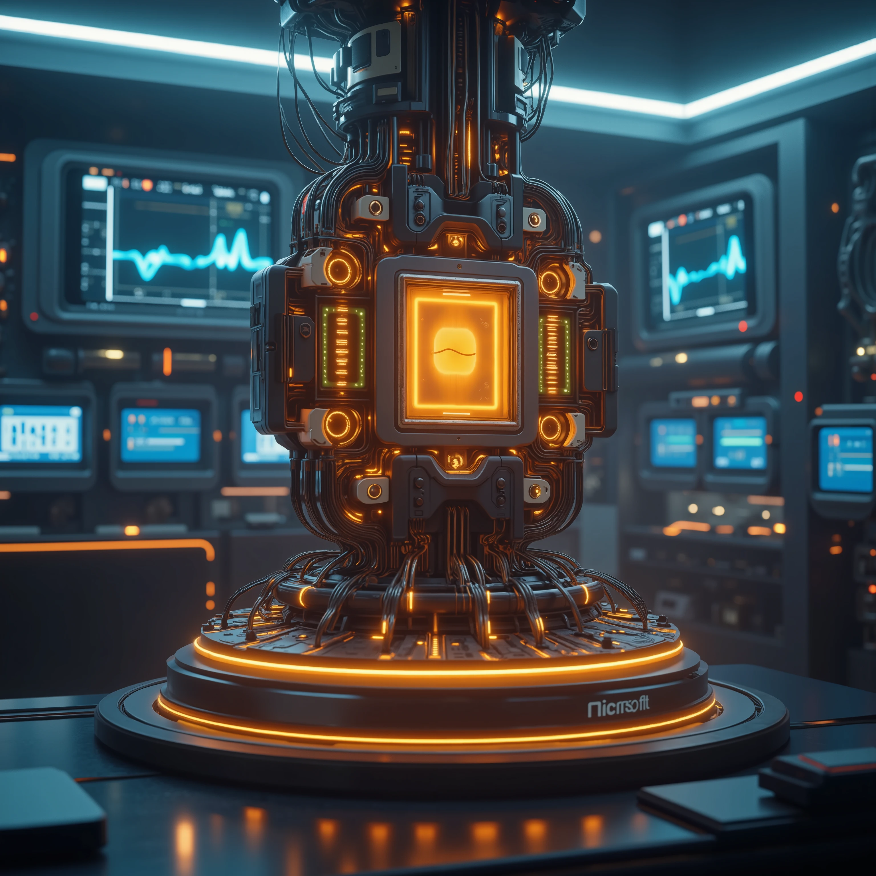 Ultra-realistic, photo-realistic, ultra-detailed, cinematography, realism, full focus, UHDR, hyperrealistic, 3D Rendering. In a futuristic laboratory setting, a mesmerizing quantum computer stands at the center of the image. This intricately designed device, bathed in a warm orange glow, is elevated on a sleek metallic platform, surrounded by a halo of sophisticated circuitry and glowing wires. The central component features a square panel adorned with Microsoft's iconic logo, suggesting a blend of cutting-edge technology and brand identity. Fluorescent lights from overhead cast cool blue hues across the laboratory, creating a sharp contrast with the fiery core of the computer. The room is filled with large, high-tech screens displaying abstract data and waveform visuals, indicating a bustling, high-tech environment. The atmosphere is charged with innovation and scientific exploration, highlighting the blend of advanced technology and modern design in this depiction of a futuristic quantum computing lab. Cutting-edge advanced technology. A close-up up of a computer tower with a lot of lights, hard surface, vibrant and powerful, microsoft windows, microsoft, engineered, hard surface 3D, a cpu with human brains, processor, advanced technology, hardsurface, portrait shot, quantum computing, wonderful masterpiece, 4 k hyperrealengine, beautiful masterpiece, 8k computer render, interesting shot, professional masterpiece.