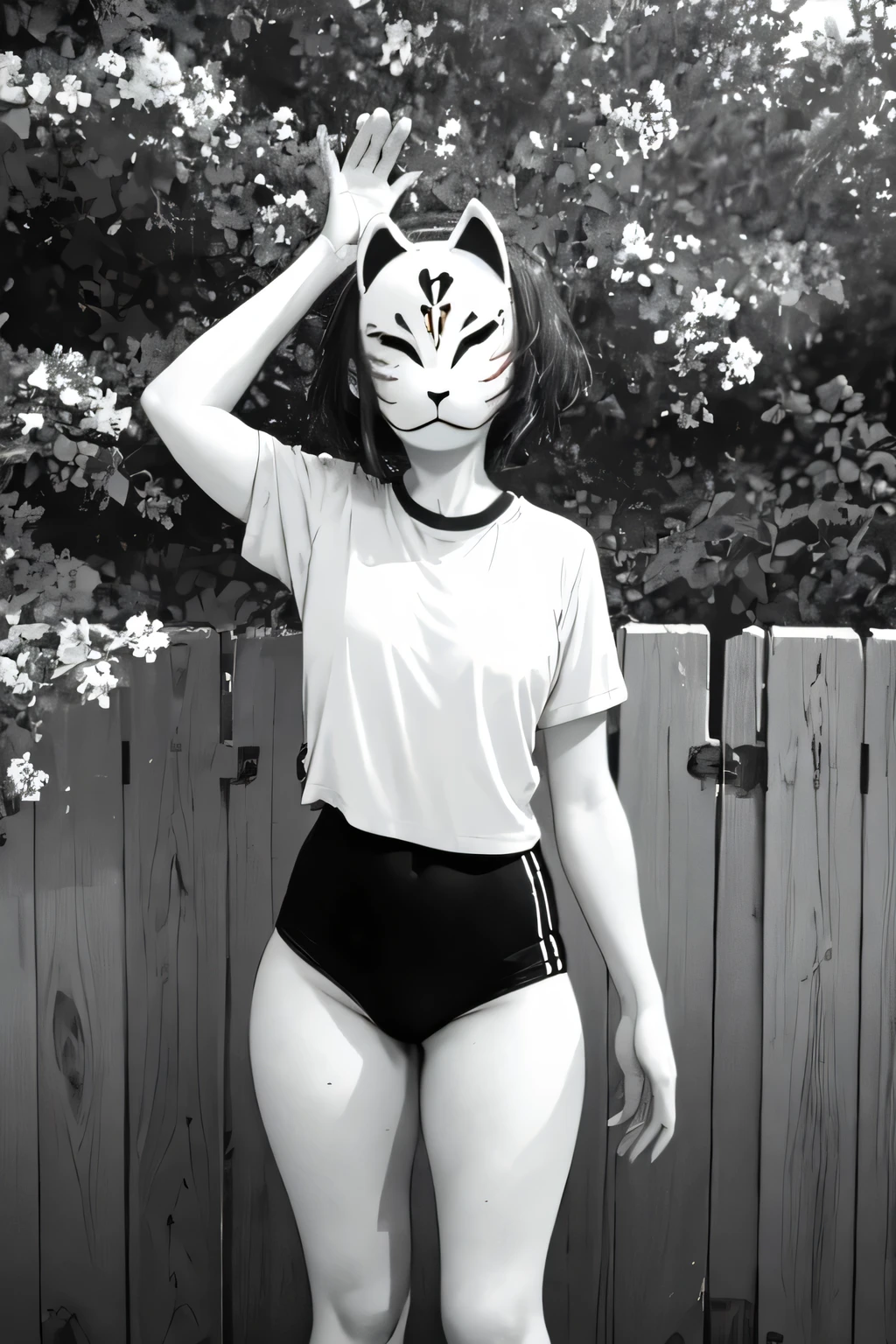 monochrome,anbu,1girl,medium hair,black hair,wearing a black gymnastics bloomers,highleg,self wedgie,white blouse,standing,torii,solo,