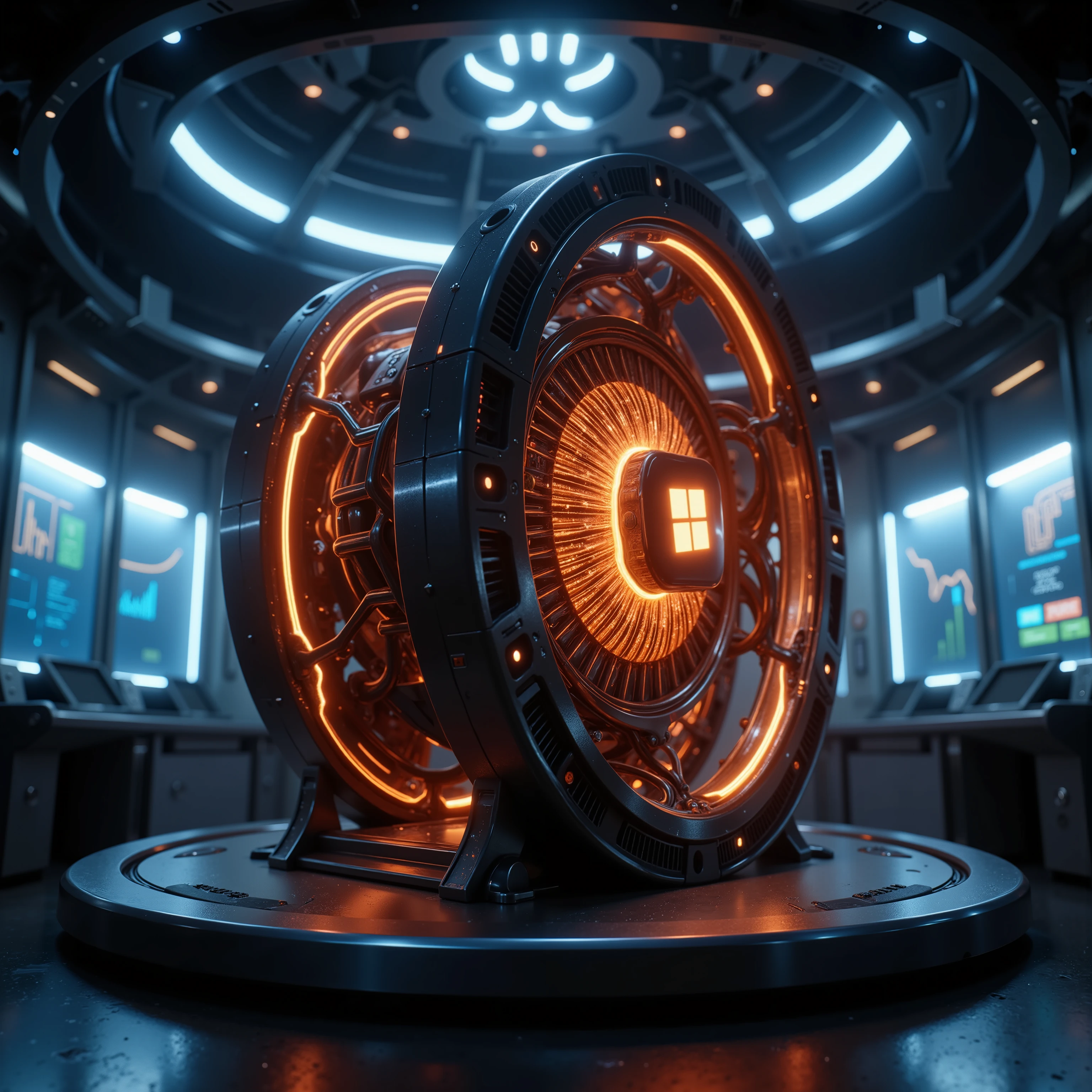 Ultra-realistic, photo-realistic, ultra-detailed, cinematography, realism, full focus, UHDR, hyperrealistic, 3D Rendering. In a futuristic laboratory setting, a mesmerizing quantum computer stands at the center of the image. This intricately designed device, bathed in a warm orange glow, is elevated on a sleek metallic platform, surrounded by a halo of sophisticated circuitry and glowing wires. The central component features a square panel adorned with Microsoft's iconic logo, suggesting a blend of cutting-edge technology and brand identity. Fluorescent lights from overhead cast cool blue hues across the laboratory, creating a sharp contrast with the fiery core of the computer. The room is filled with large, high-tech screens displaying abstract data and waveform visuals, indicating a bustling, high-tech environment. The atmosphere is charged with innovation and scientific exploration, highlighting the blend of advanced technology and modern design in this depiction of a futuristic quantum computing lab. Cutting-edge advanced technology. A close-up up of a computer tower with a lot of lights, hard surface, vibrant and powerful, microsoft windows, microsoft, engineered, hard surface 3D, a cpu with human brains, processor, advanced technology, hardsurface, portrait shot, quantum computing, wonderful masterpiece, 4 k hyperrealengine, beautiful masterpiece, 8k computer render, interesting shot, professional masterpiece.