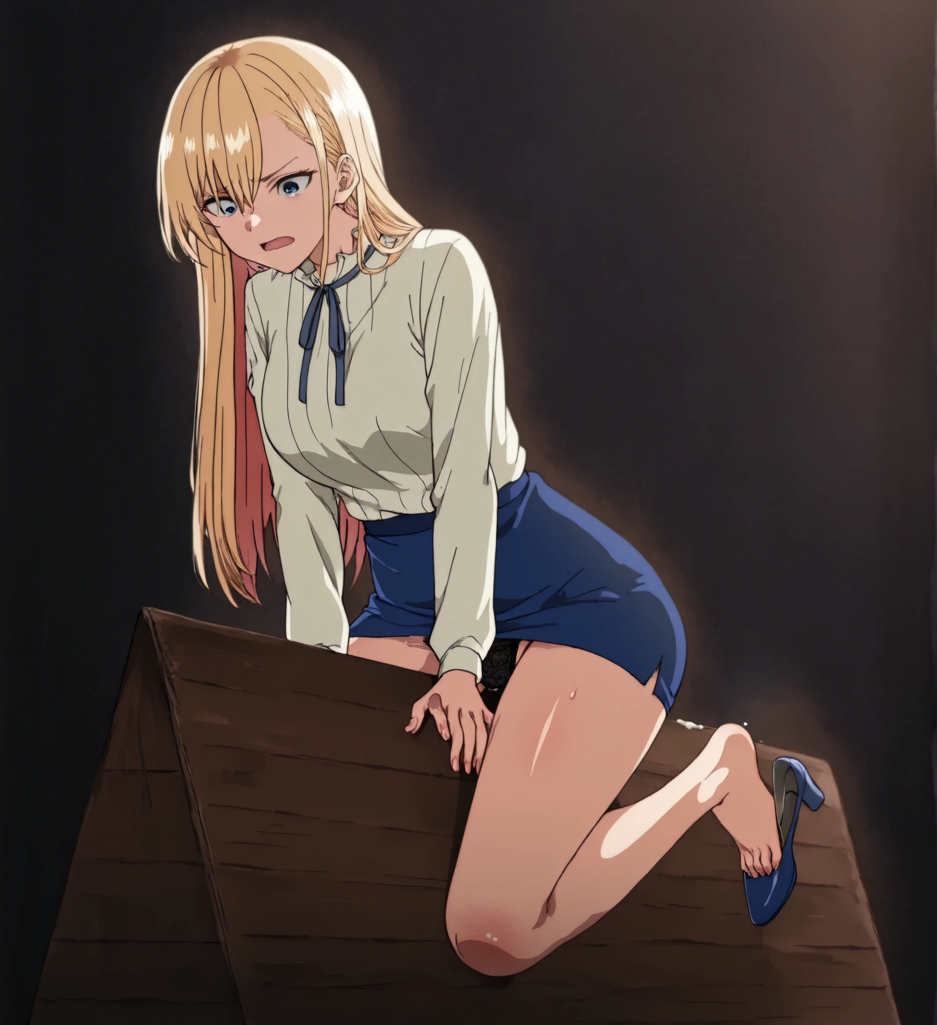 can you draw more delicate expressions?, can you draw the details of the straddling, dark background ,Expressions that open without protecting the foot take precedence,amazing thighs ,ミニスカートで爆乳とBeautiful legsの美女を描けますか,Blonde Long Hair, full body view, ,,Dark Basementに拘束されています,,usual costume,Blue Miniskirt,High Heels,,don't cut off her face。can you draw more delicate expressions,only one person ,can you draw her fingertips and toes in detail,amazing thighs ,can you see black panties through the miniskirt,Beautiful legs,open the foot and defenseless expression take precedence,hitting a wooden horse in the basement,I'm being held with my back hand ,can you draw a delicate sad expression,can you put up with it by delicately drawing an expression of anguish while straddling a wooden horse,Dark Basement,Captive women,Alone,