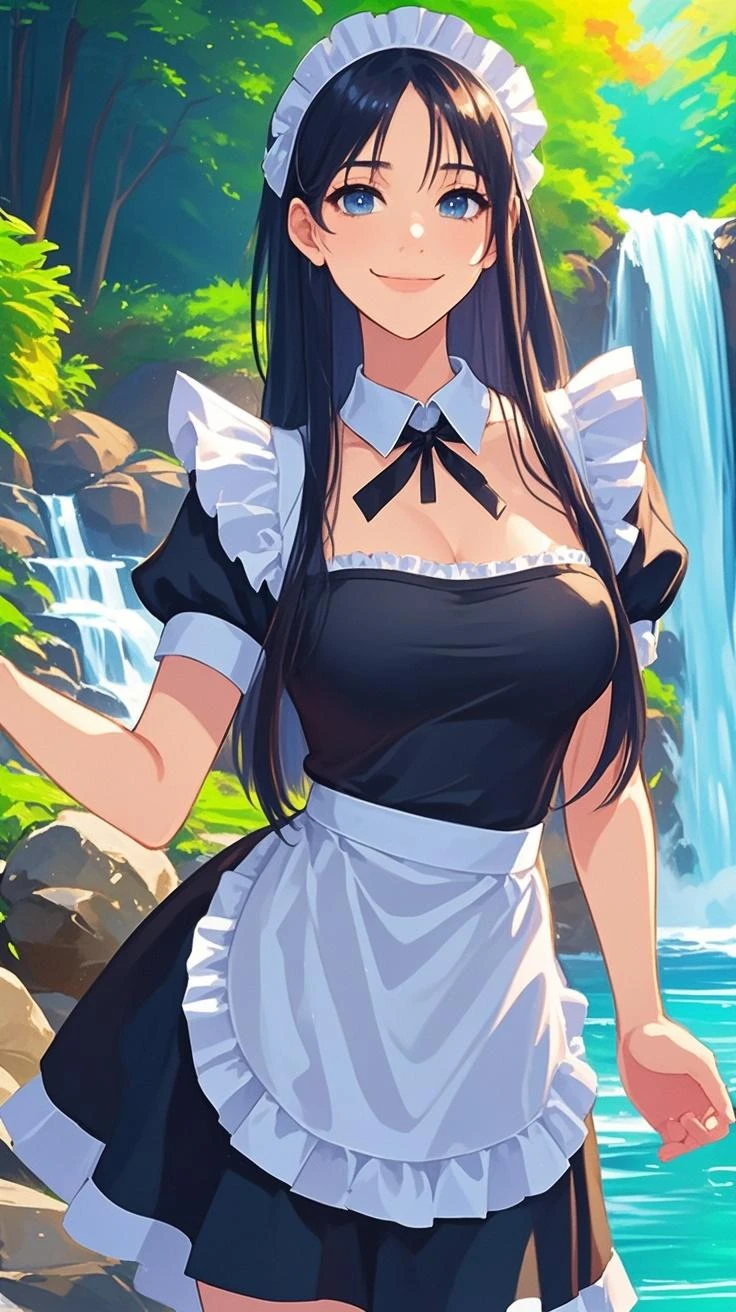 masterpiece, best quality, ultra-detailed, illustration, colorful, flat color, depth of field, lens flare, 1girl, nidalee \(league of legends\), black hair, green eyes, dark skin, ponytail, (hair ornament), anime, (closeup), detailed skin texture, beautiful detailed face, (french maid, cleavage, maid dress, maid cap), seductive smile, alluring attire, collarbone, (huge breasts, torpedo tits)
