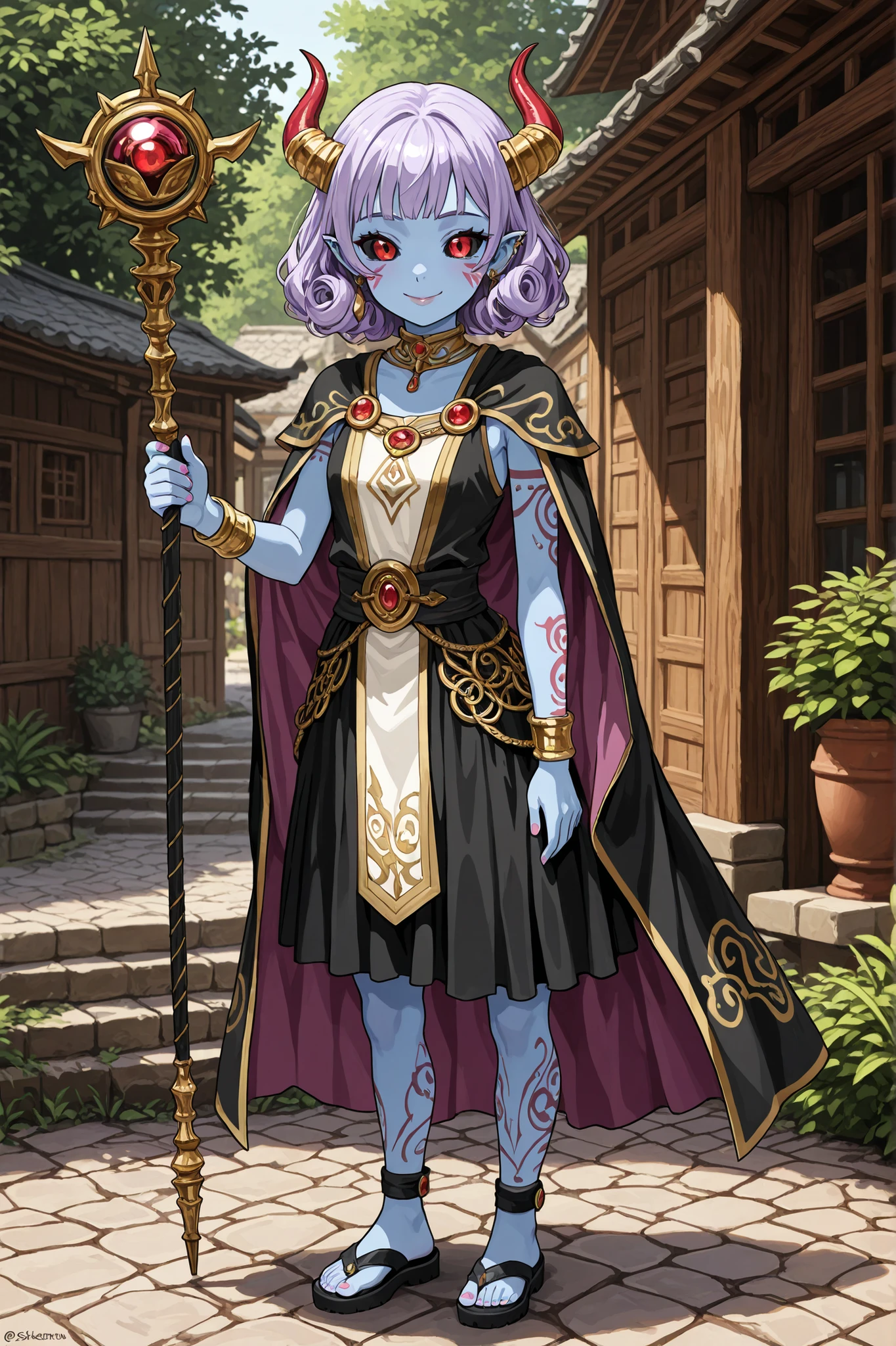 Freiren anime style, cute, siskuna mark, facial mark, black sclera, pitch black sclera, red eyes, , 1 girl, red eyes, solo, extra eyes, staring at viewer, tattoo, facial tattoo, pink nails, portrait, V, eyelashes, closed mouth, facial mark, jewelry, nail polish, bangs, earrings, fingernails, lips, smiling face, horns, demon girl, (colored skin), (blue skin: 1.2), demon horns, red eyes, pointed ears, piercings,A young, light-purple-skinned female character, positioned slightly off-center to the left side of the image, stands in a stylized Asian-inspired village setting. She has short, curly purple hair and red horns, and her expression is neutral. Her eyes are large and detailed, with noticeable red irises. She is wearing a dark-colored, long-sleeved dress with intricate golden patterns and details on the bodice and skirt. A rich purple cape drapes over her shoulders. She also wears decorative gold jewelry and has decorative, light purple, patterned tattoos on her arms and legs. She is holding a long, dark-colored staff with a golden orb at the top. The character's body type is slender and petite. The setting features traditional-style wooden buildings, stone-paved walkways, and greenery. Natural light sources are evident, casting shadows, and the overall color palette is a mix of warm browns, muted purples, golds, and blacks. The style of the image is a digital illustration, with a painterly quality in the detail and composition. The character is oriented facing the viewer, and the perspective is a mid-range view, offering a clear look at the details of her clothing and accessories. The composition is balanced, emphasizing the character and the architectural setting around her.