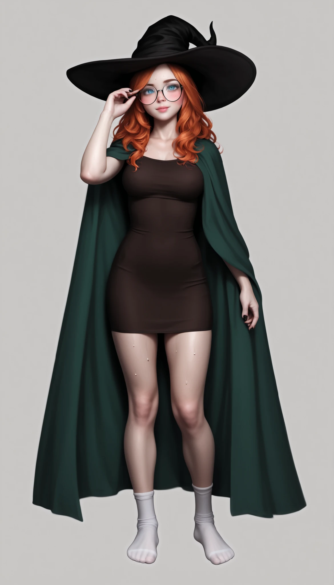 Realistic skin details. Trending. Masterpiece. Full body. thick outlines style. Full nelson position. fucked my werewolf. huge cock fucking girl. dynamic pose. main character. girl pale white skin, detailed eyebrows, right eyebrow up. perfect cute face, cute and petite body. shy pose. 160 cm height. 45 kg weight. playful smiling face expression. looking at viewer with shy playful smile. beautiful lips, cute big cheeks, slightly blush. detailed medium breasts. sweat on cheek. detailed sweat. shy smile. cute face. Female is a cute small girl, short petite, 20 years old, detailed standing pose, girl with short wavy hair. wavy light-orange hair, wavy bob-A hairstyle, chaotic wavy hair. clear forehead. Oversized round glasses. perfect round glasses. adjusting glasses with one hand. detailed blue eyes, detailed body. detailed realistic skin, pale white skin. Huge black witch hat. Huge old witch hat. Black detailed hat. hip-length dress, peasant dress. peanut-brown dress. cotton brown short dress. White toe-socks, clear socks. tight-fitting thin white socks. black mary jane shoes, green cloak. short green cloak on top. detailed hips. blush on the knees. Dark nails. Detailed dark nails. simple background. gothic aesthetic. logic body proportions, detailed legs, logic anatomy. realistic toes. realistic proportions. tender pale skin. pale-white girl. soft light, Dramatic lighting, intricate details, masterpiece, ultra detailed face, high quality, 8k, fat outlines. inspired by darkest dungeon style. best quality, realistic, cinematic, powerful composition. Simple white background. Sharp face focus, dramatic chiaroscuro. ultra lightning. Inspired by realistic art. Detailed fingers, detailed hands, detailed skin, Detailed face, realistic body, detailed face. Detailed eyes.