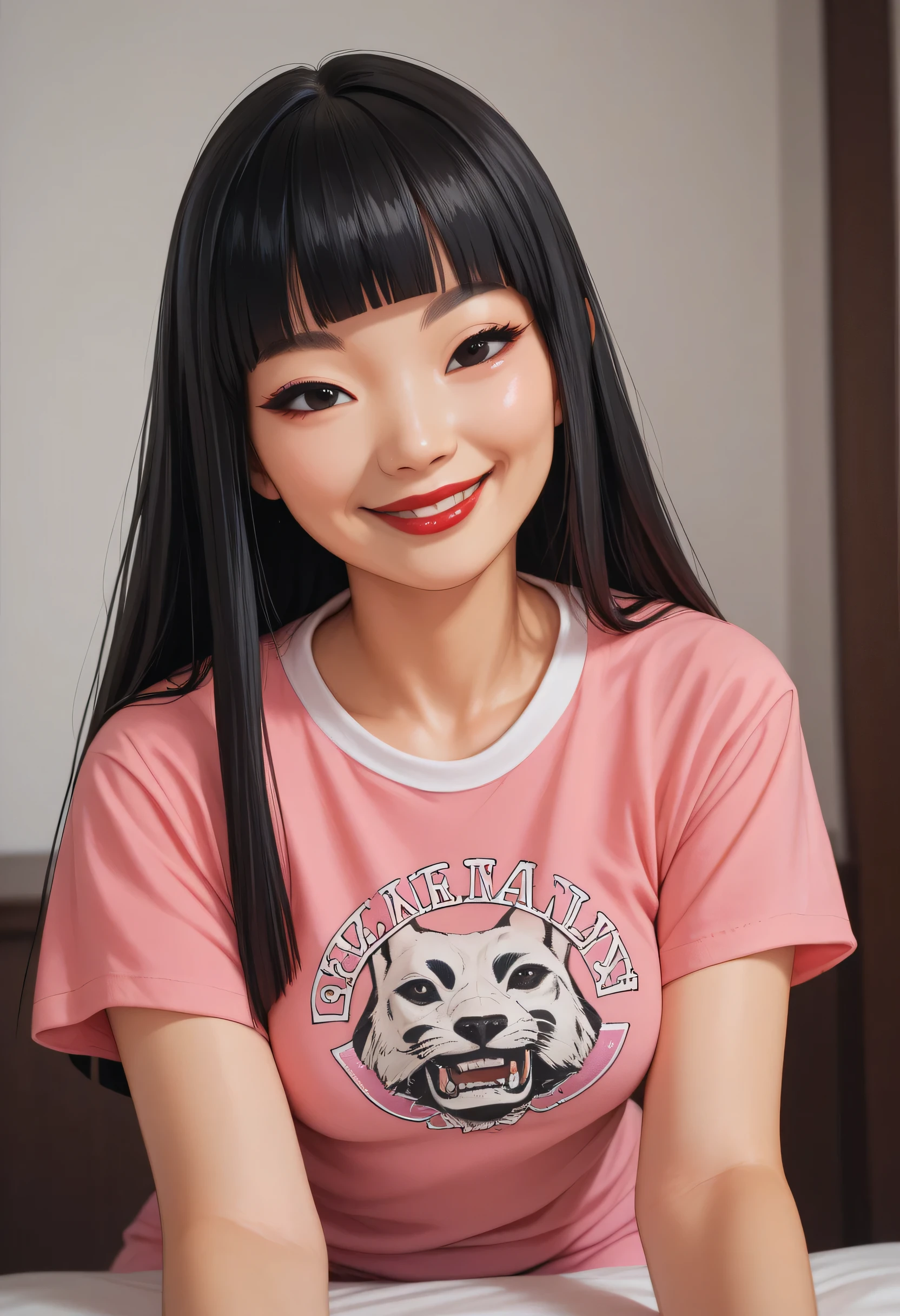 Perfect Face, (Female Asian, Face Asian), Black Hair, Long Hime Cut Hair, (White Band Head), Black Normal Eyebrows, Black Eyes, Red Lips, (Medium Breasts), (Pink T-Shirt), Looking At Me, (Pov), (Big Smile)