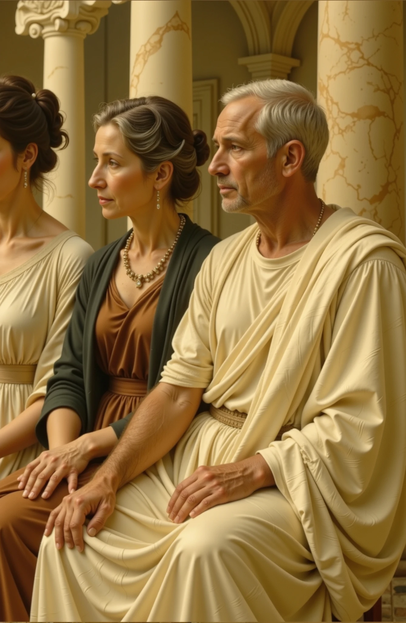 A refined scene set in ancient Antioch, depicting an elderly couple in their 60s. The man wears a senatorial toga, and the elderly woman is adorned with fine jewelry and a richly colored dress. They are seated in a luxurious Roman atrium with marble columns, mosaic floors, and soft sunlight streaming through. The atmosphere is warm and dignified, with subtle gestures and expressions demonstrating mutual respect and curiosity.