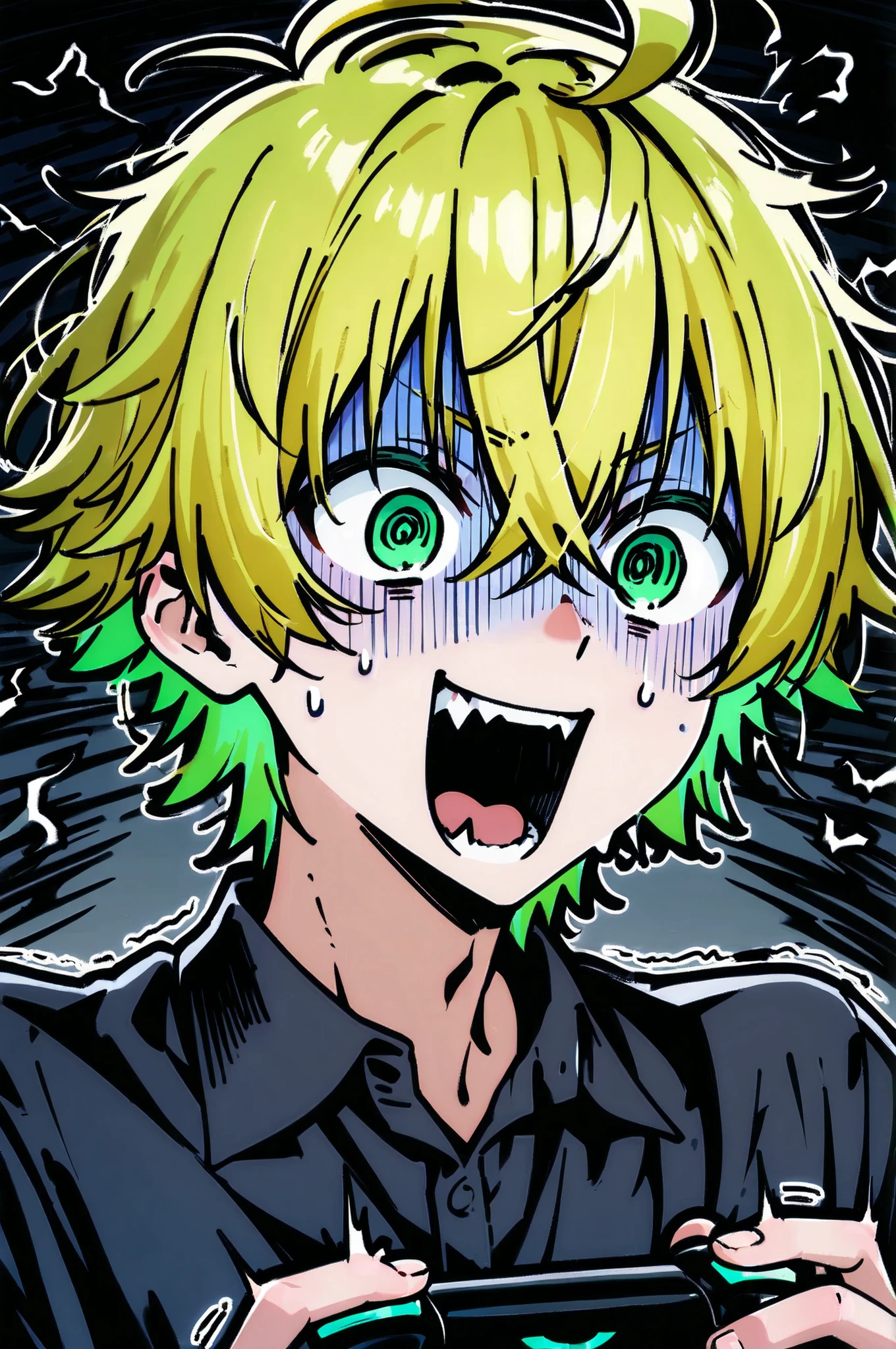 ((solo)), ((one boy)), short hair, blonde hair, green inner hair, green eyes, hollow eyes, (@_@), black shirt, collard shirt, ahoge, ((hairs between eyes, crossed bangs:1.3)), sharp tooth, white background, open mouth, ((surprised)), ((smile)), ((panicking:1.3)), upper body , ((V-shaped eyebrows)), turn pale, dark room gamer setup with controller lights