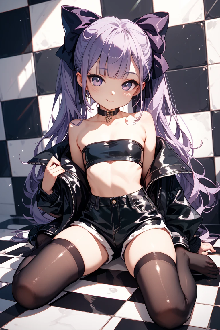 (5 ガール:1.8), 、((from below:1.2))、standing with legs apart、 1 cute girl, highest quality、ウルトラ - High resolution、High resolution、Detailed CG、8k unit wallpaper、20-year-old、beautiful and detailed eyes,platinum blonde hair、ランダムな髪型、(((Black and purple super shiny latex panties)))、((( black skin , Shirt with tie , cropped shirt , pleated skirt , cleavage ,オイル肌)))、(shiny body,:1.5)、 please be shy、(Ahegao:1.5)、(Stick out your tongue and drool)、full of embarrassment、セクシーなポーズ、((steam))