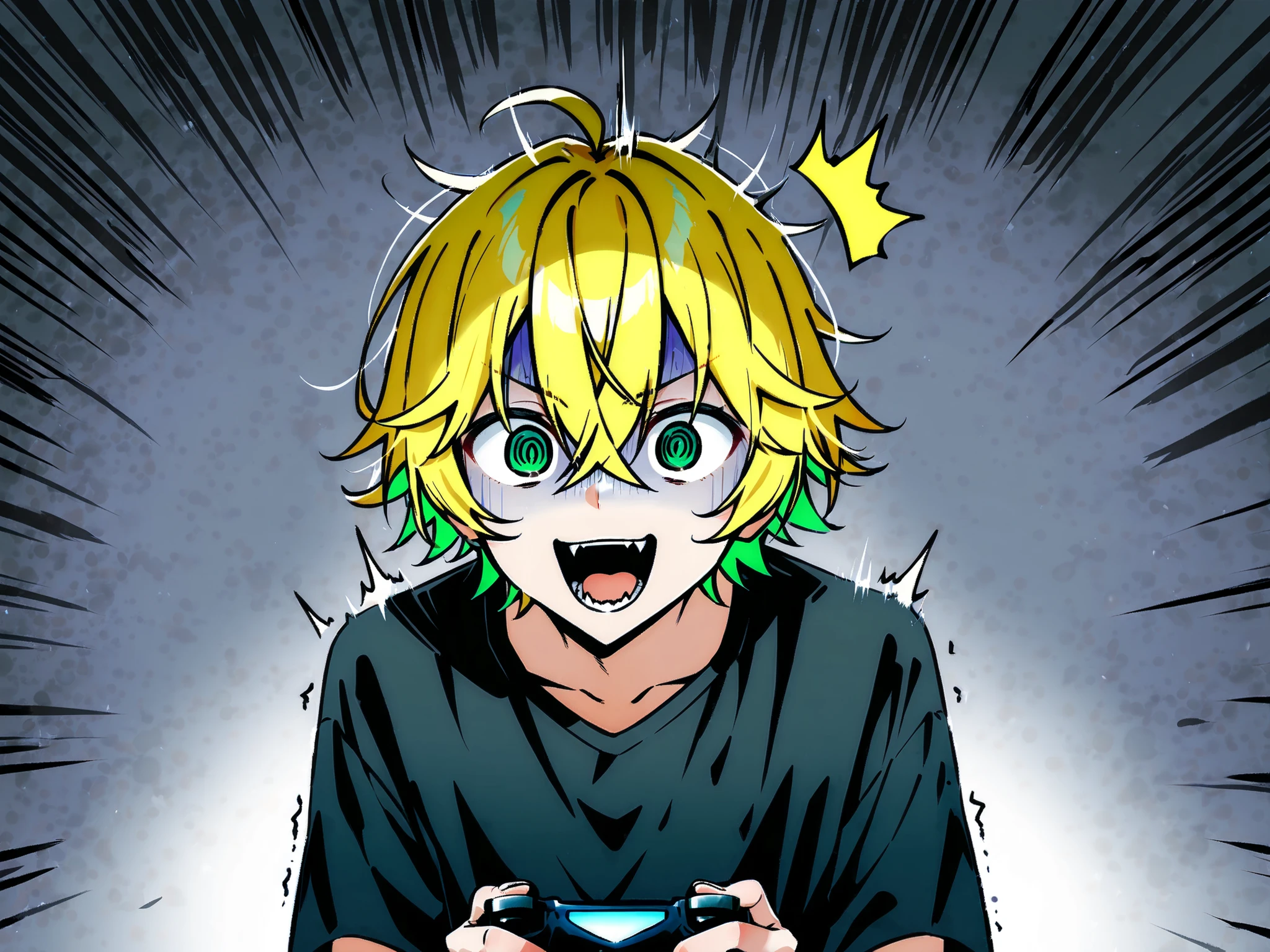 ((solo)), ((one boy)), short hair, blonde hair, green inner hair, green eyes, hollow eyes, (@_@), black shirt, collard shirt, ahoge, ((hairs between eyes, crossed bangs:1.3)), sharp tooth, white background, open mouth, ((surprised)), ((smile)), ((panicking:1.3)), upper body , ((V-shaped eyebrows)), turn pale, dark room gamer setup with controller lights