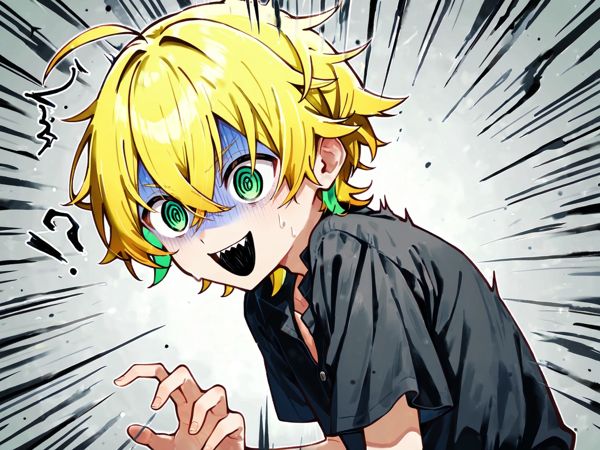 ((solo)), ((one boy)), short hair, blonde hair, green inner hair, green eyes, hollow eyes, (@_@), black shirt, collard shirt, ahoge, ((hairs between eyes, crossed bangs:1.3)), sharp tooth, white background, open mouth, ((surprised)), ((smile)), ((panicking:1.3)), upper body , ((V-shaped eyebrows)), turn pale