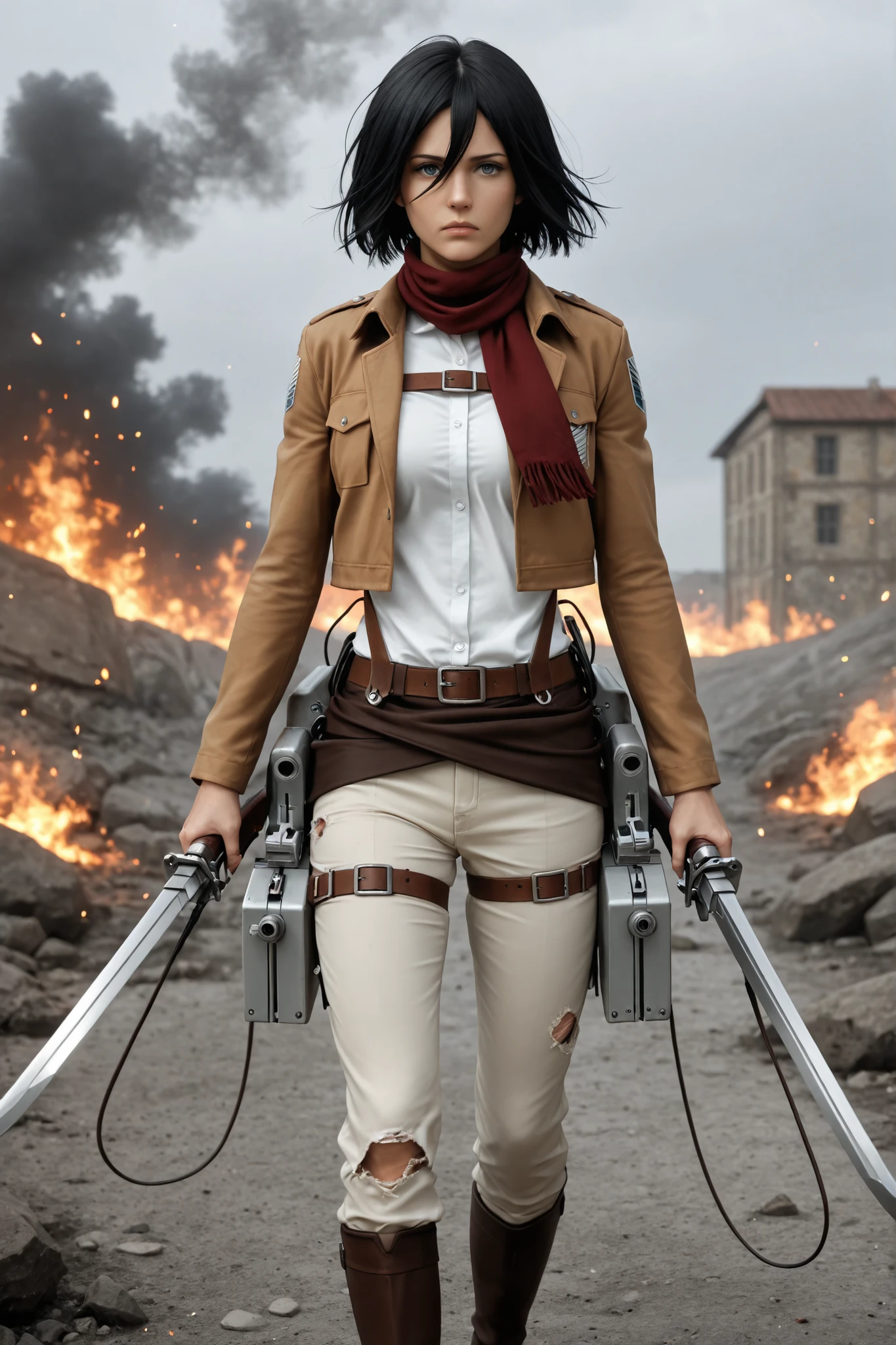 black hair, ackman, gray eyes, toned body, 1girl, solo, looking_at_viewer, short_hair, blue_eyes, shirt, black_hair, long_sleeves, holding, hair_between_eyes, closed_mouth, jacket, white_shirt, weapon, boots, open_clothes, pants, belt, sword, holding_weapon, scarf, open_jacket, uniform, grey_eyes, torn_clothes, thigh_strap, holding_sword, fire, knee_boots, buckle, smoke, brown_jacket, white_pants, dual_wielding, red_scarf, serious, emblem, paradis_military_uniform, embers, three-dimensional_maneuver_gear, survey_corps_\(emblem\),
hdr, low contrast, masterpiece, best quality, absurdres, highres, perfect anatomy, realistic anime style, anime screenshot, ultra high quality, extremely detailed cg, perfect lighting, (sharp image)
