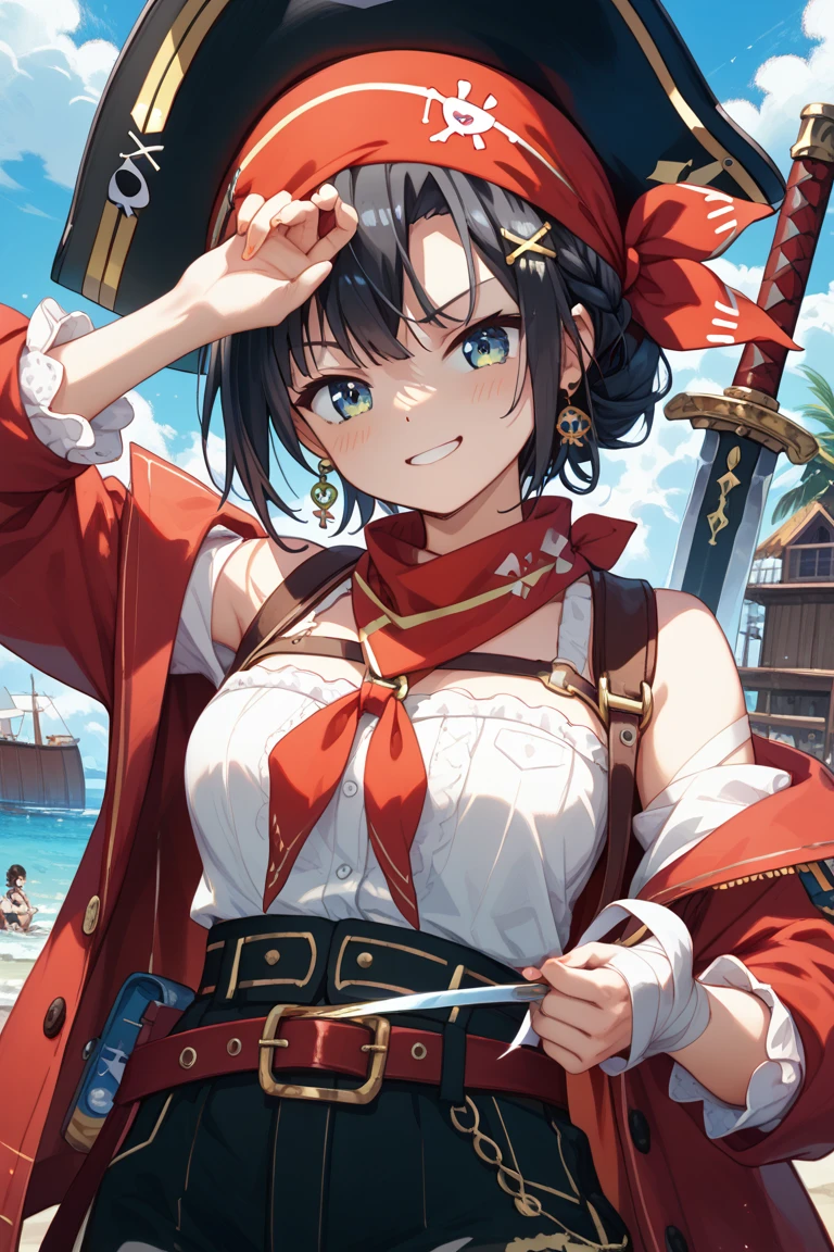 create a 25-year-old anime girl in pirate clothing with a  in a landscape of a dock and pirate ships holding a pirate sword