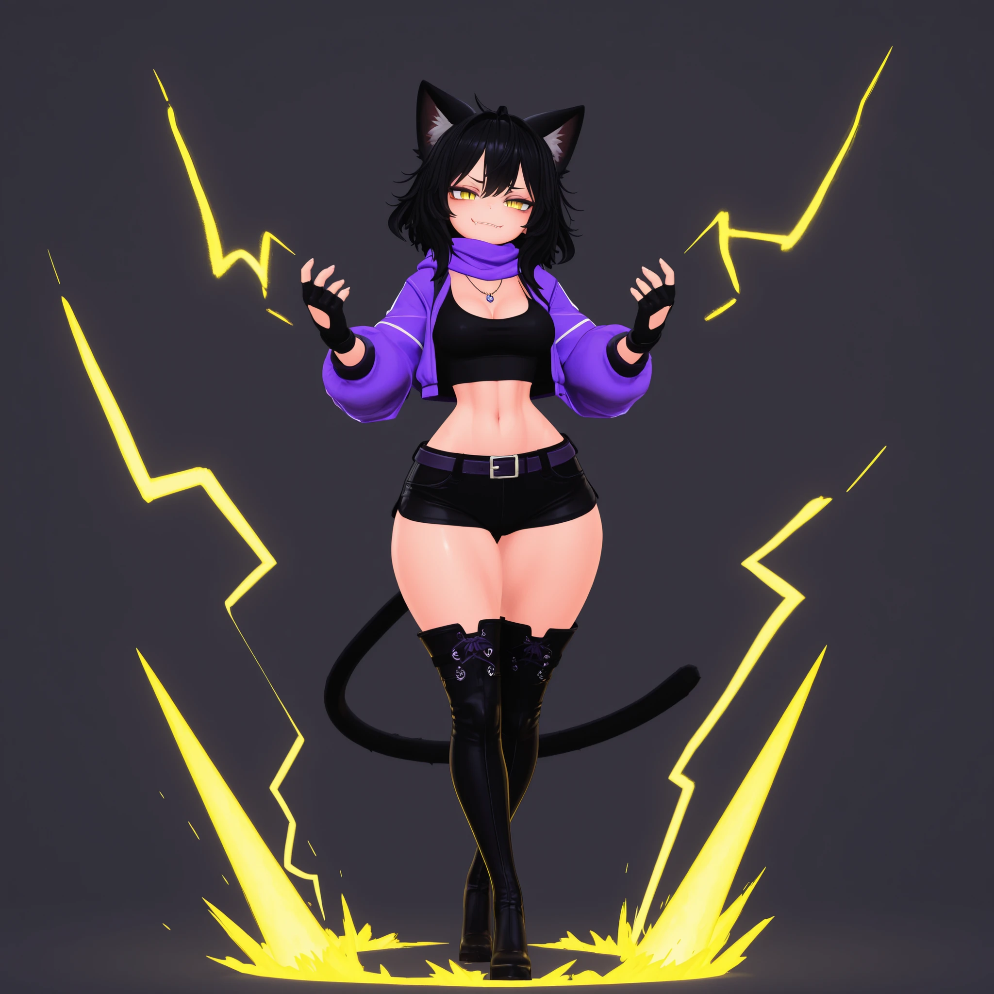 masterpiece, ultra-HD, impressionism, high detail, best quality, very aesthetic, 8k, best quality, beautiful, VRChatStyle, 3D, 1girl, solo, short messy black hair, yellow eyes, slit pupils, cat ears, cat tail, sharp fangs, medium breasts, narrow waist, wide hips, thick thighs, petite, purple jacket, black crop top, cleavage, purple scarf, black shorts, black fingerless gloves, black thigh high boots, belt, necklace, smirk, smug, dynamic pose, full body, yellow lightning, yellow rays, glowing, electric aura, aura, looking at viewer, simple background, front view