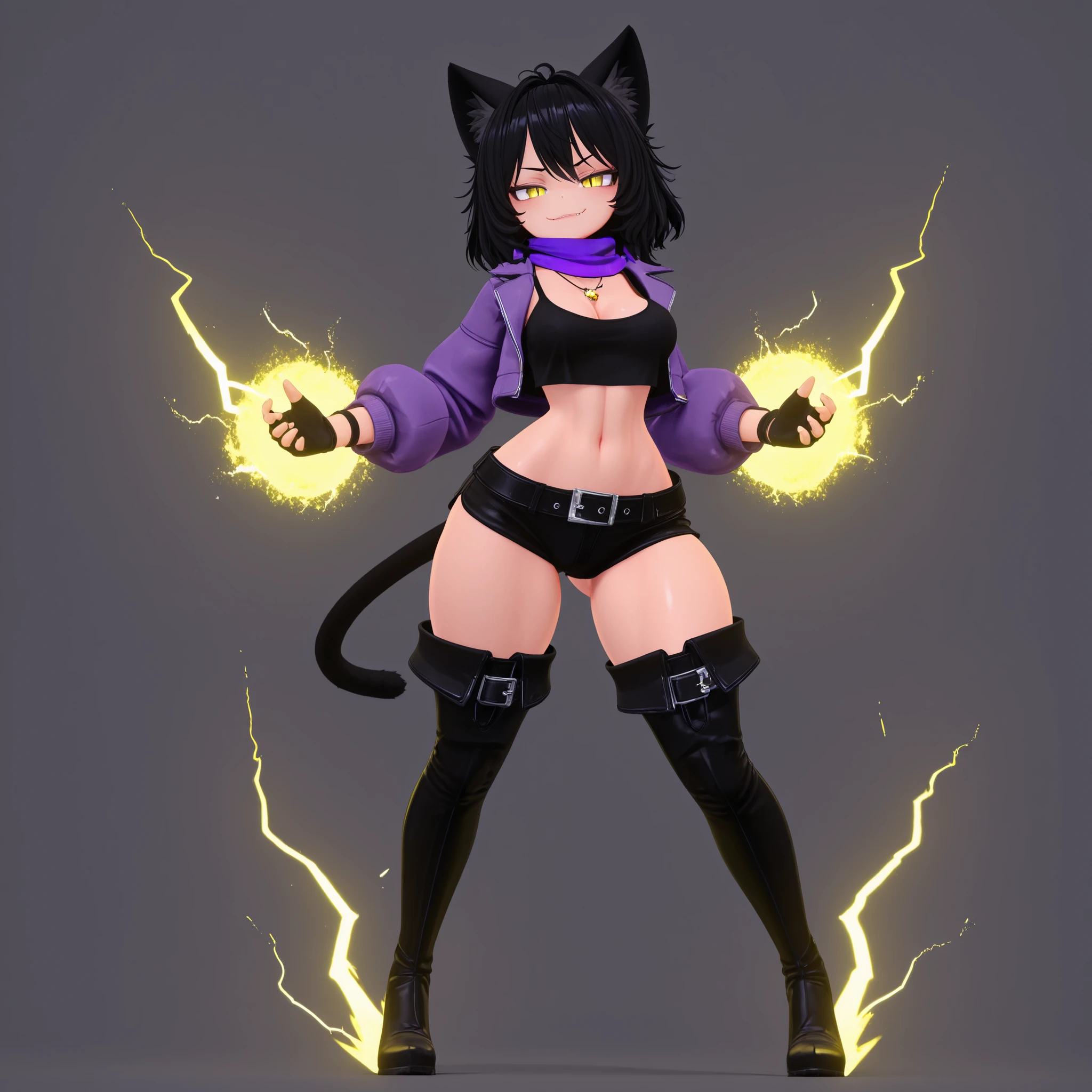 masterpiece, ultra-HD, impressionism, high detail, best quality, very aesthetic, 8k, best quality, beautiful, VRChatStyle, 3D, 1girl, solo, short messy black hair, yellow eyes, slit pupils, cat ears, cat tail, sharp fangs, medium breasts, narrow waist, wide hips, thick thighs, petite, purple jacket, black crop top, cleavage, purple scarf, black shorts, black fingerless gloves, black thigh high boots, belt, necklace, smirk, smug, dynamic pose, full body, yellow lightning, yellow rays, glowing, electric aura, aura, looking at viewer, simple background, front view