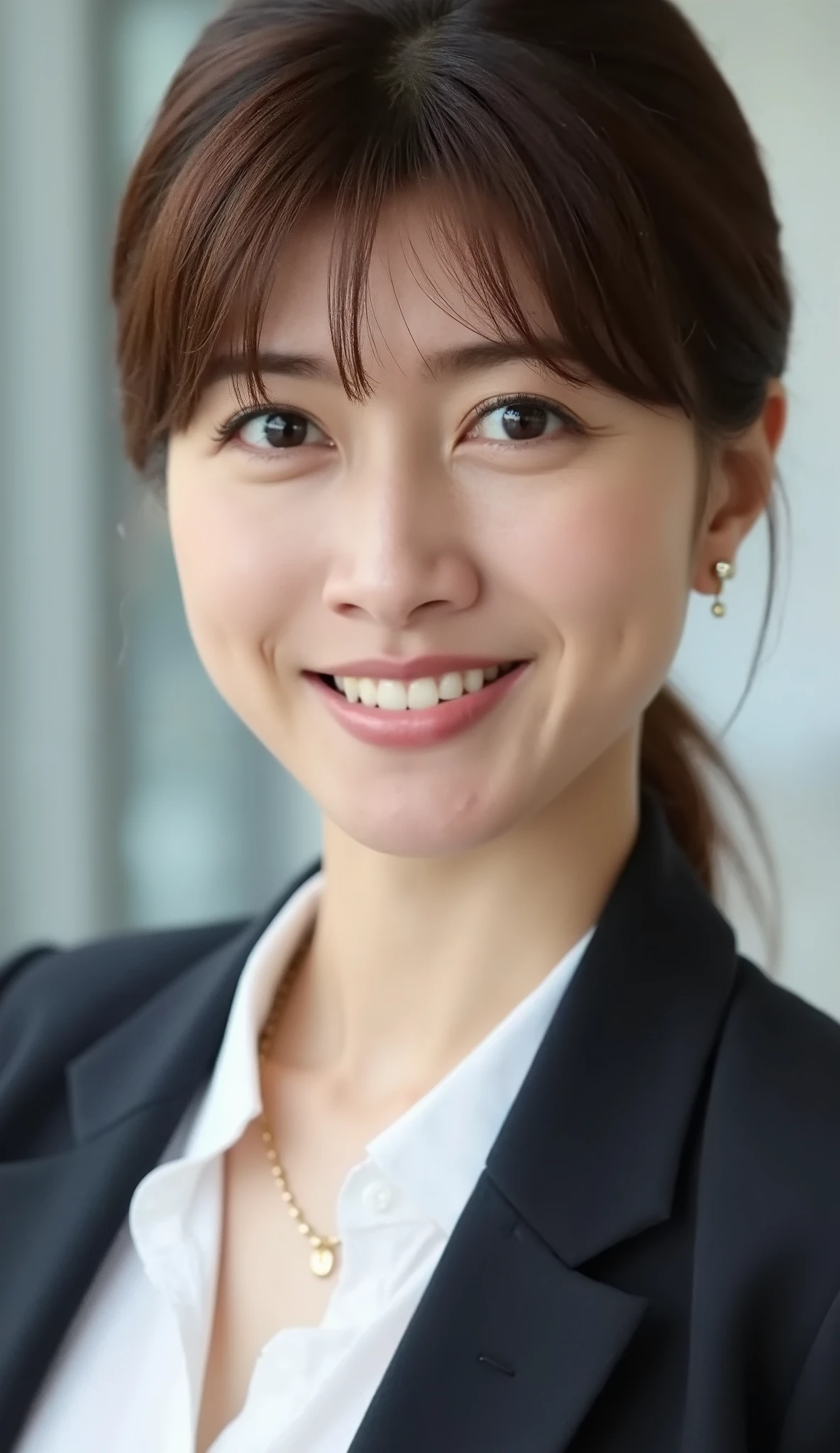 Neat Young Woman、looking at the camera、office lady suit、jacket、shirt、necklace、Ear piercings、、smile showing teeth、 pale brown hair、The background is office