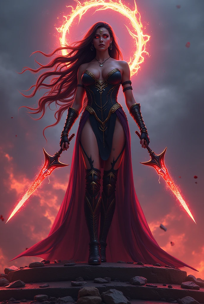 curar, Charlize Theron, deusa da morte, Mitologia Grega, Scarlet witch with a multi-blade tiara on her head, Charlize Theron, deusa da morte, colar de caveira, In a dress with skulls and blades, The sword is detailed and ornate, with a long blade and an intricately crafted hilt, The hand is in a firm position'arte no estilo de Guviz, Ross Tran 8K, eua belle imagination de l'empress, Arte detalhada em 8K de alta qualidade, Arte digital altamente detalhada em 4K, Retrato da Rainha das Trevas, Wield multiple sharp swords, Contexte des cendres et du feu, Small coal hot spots in the background, manto, composed of skulls and blades,