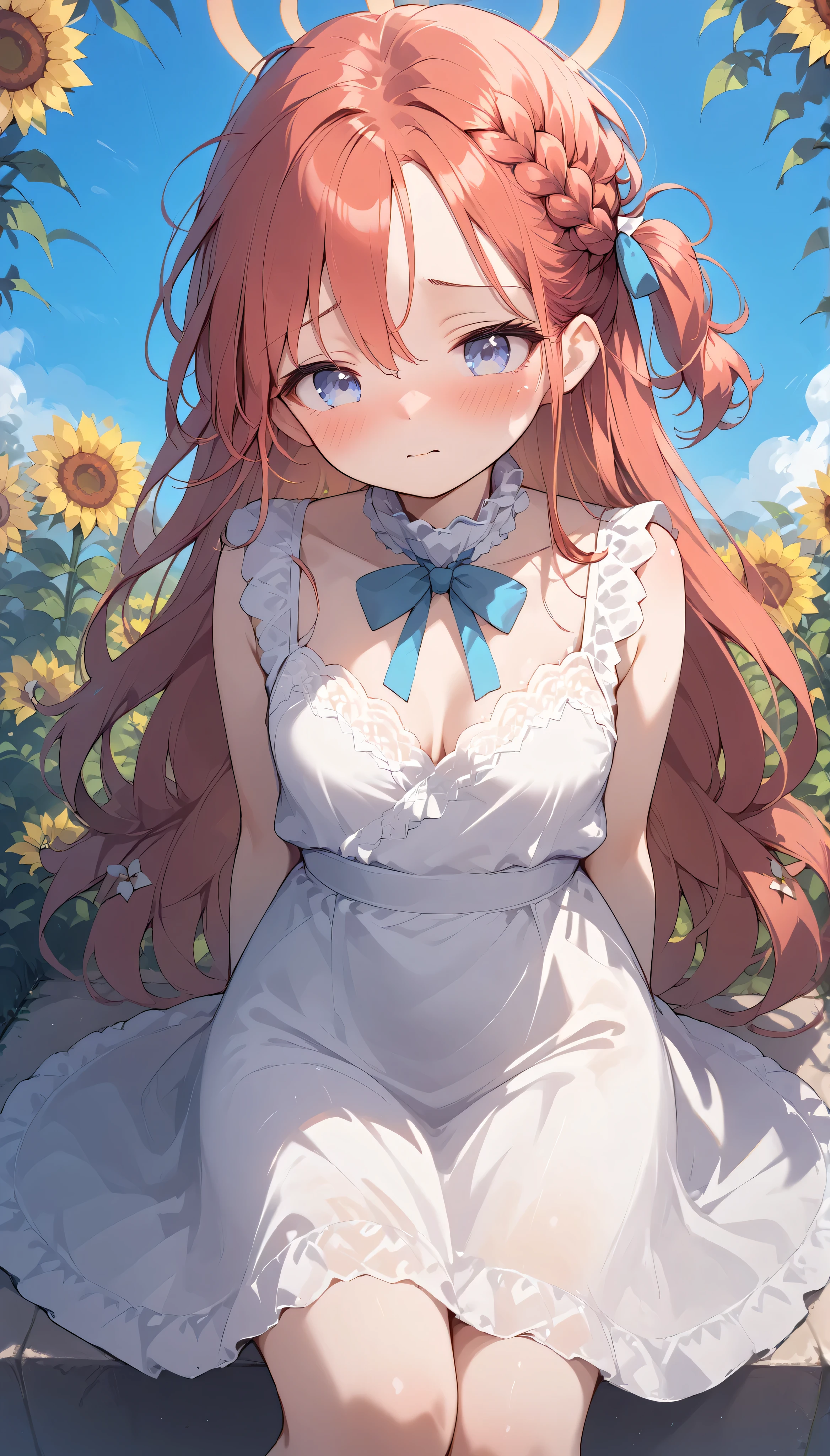 yuzu (blue archive),blue eyes,red hair, long hair,braid,one side up,halo, solo, I can see my eyebrows from the inside of my hair, hair between eyes, is embarrassing, masterpiece, Best Quality, very aesthetic, thick thighs, Wide pelvis, sleeveless white dress, lace trim, breasts, outdoor, sunflower, flower garden, arms behind back, full-face blush,