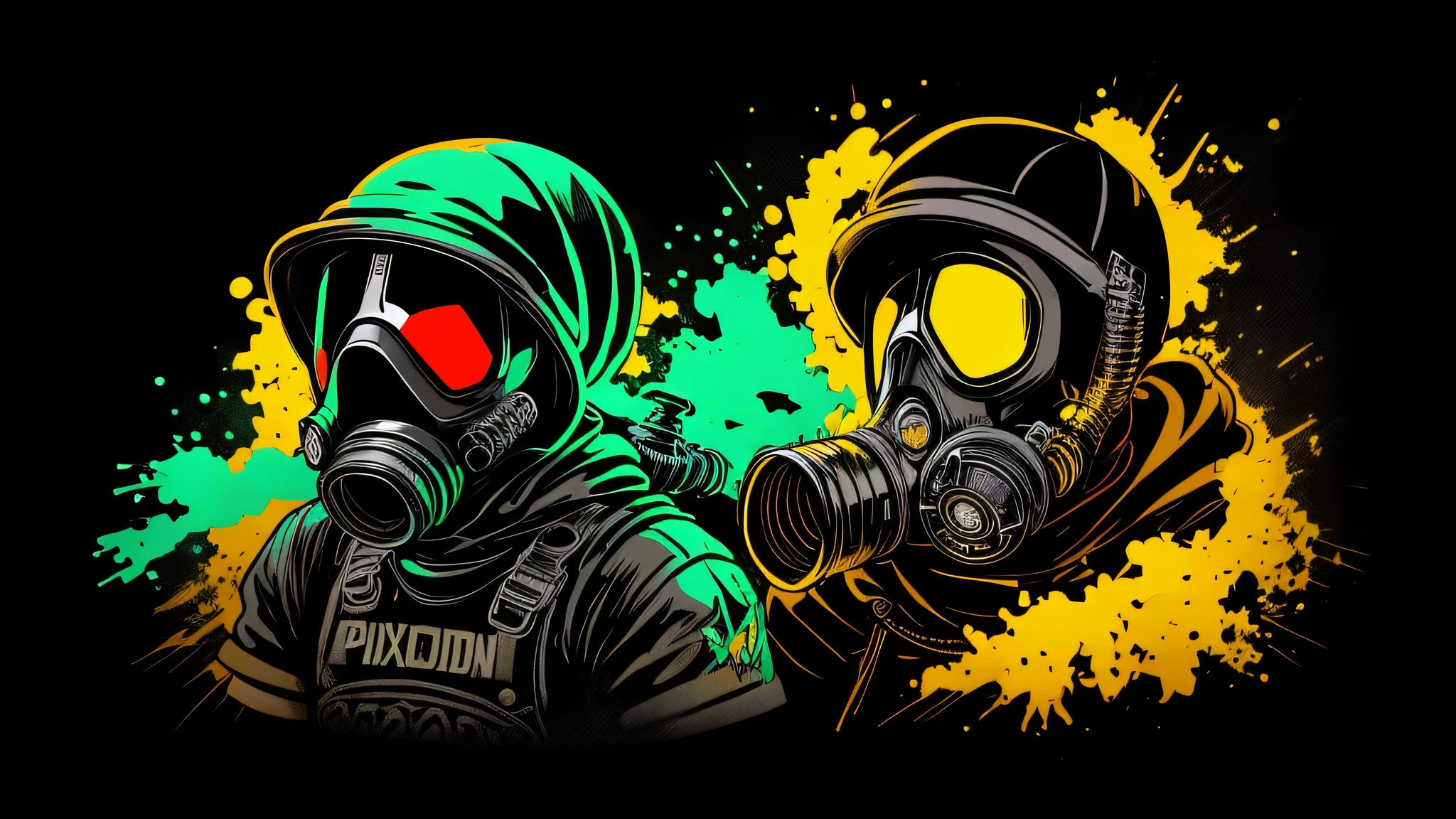 pixador skeleton with gas mask and cap, splash, spray, tracks, 80's, vector image, t-shirt design, isolated, black background, illustration, use only yellow and red green colors, with letters "TDR" highlighted