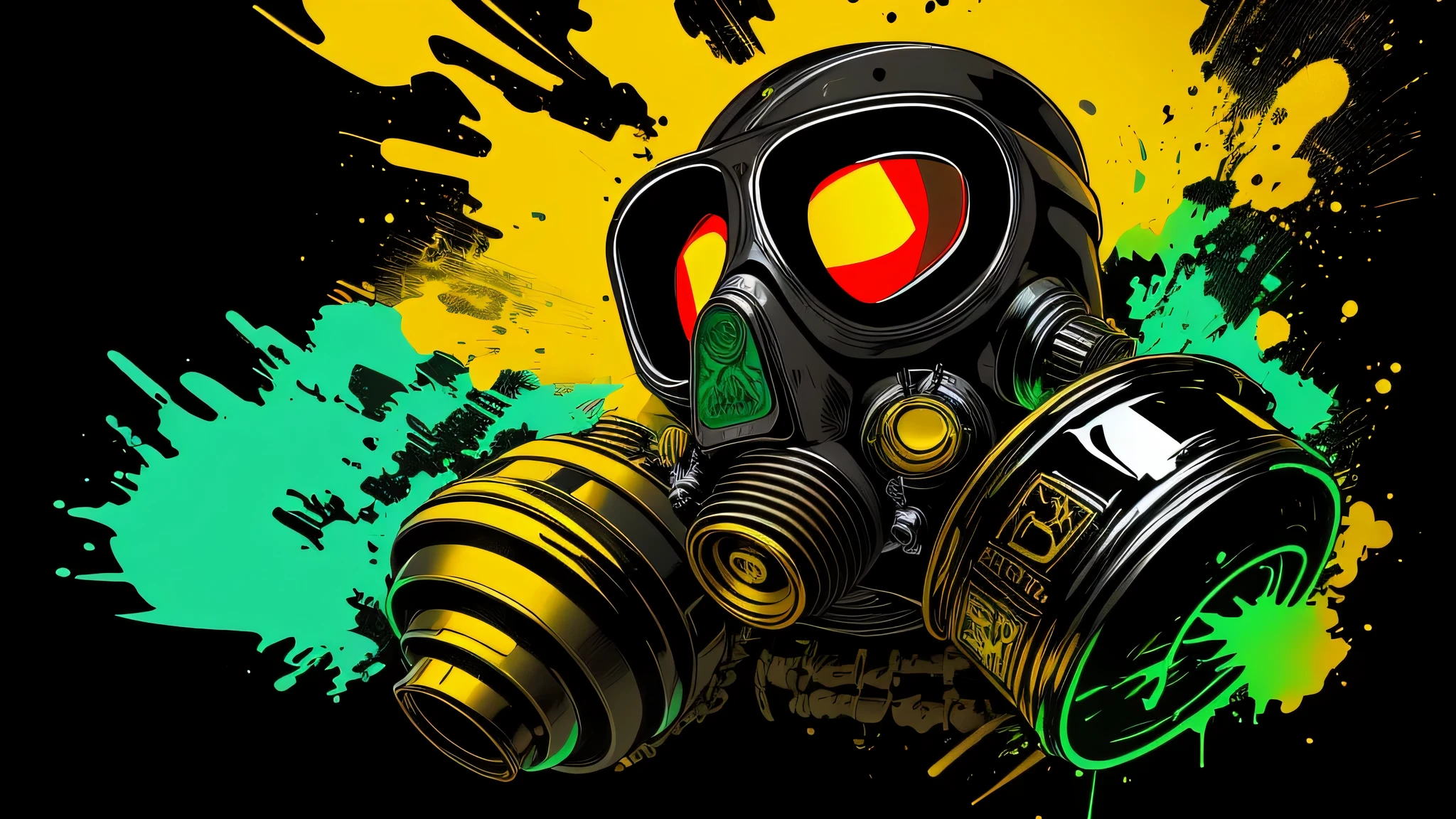 pixador skeleton with gas mask and cap, splash, spray, tracks, 80's, vector image, t-shirt design, isolated, black background, illustration, use only yellow and red green colors, with letters "TDR" highlighted