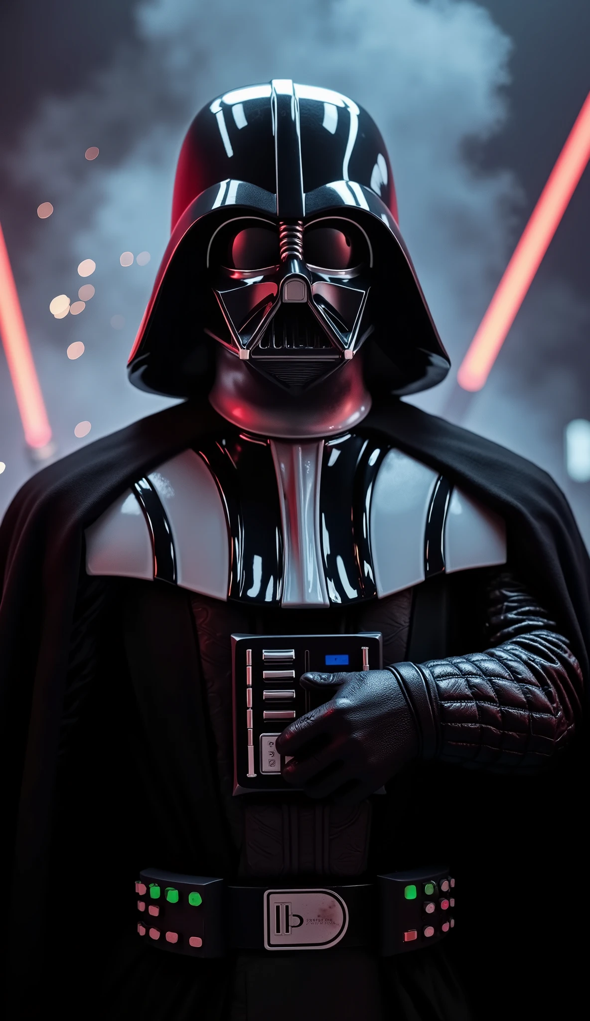 Ultra realistic 8K cinematic chest-up shot, Darth Vader with polished but slightly battle-marked helmet, red lightsaber glow illuminating his armor, dark mist swirling around, faint sparks in background, cinematic shadows and volumetric light beams.