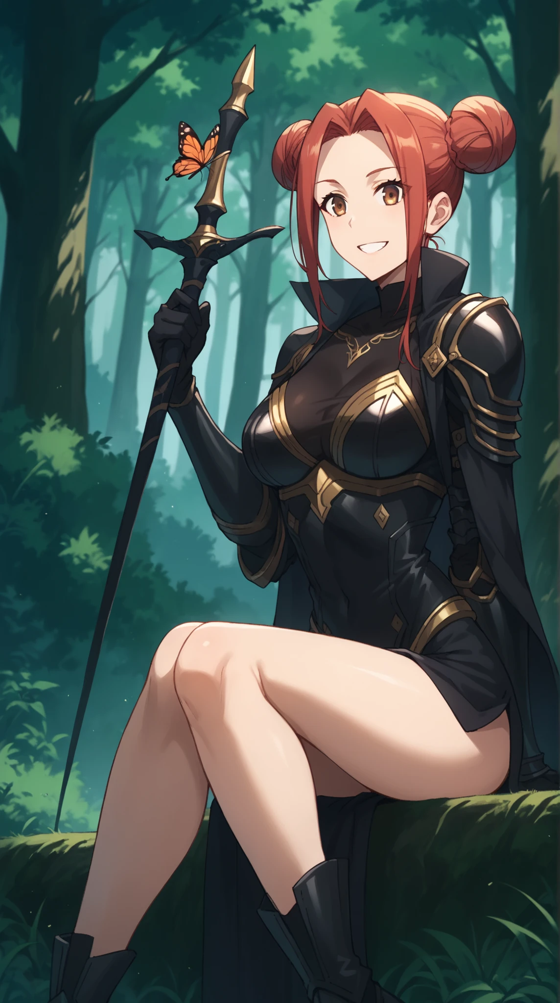 score_9,score_8_up,score_7_up,score_6_up, source_anime, girl, dynamic pose, butterfly sitting, akari_shimizu_sl, red hair, double bun, parted hair, hair intakes, brown eyes, black coat, black armor, high collar, black gloves, black armguards,large breasts,forest, vegetation, nature, smile,
