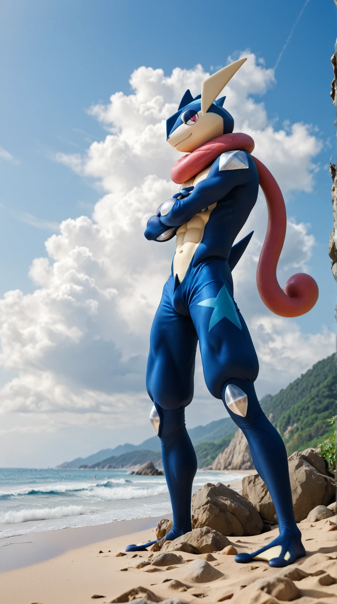 ( masterpiece, best quality:1.2),Alone, greninja macho \(Pokémon\),Pokémon \(creature\), full body bikini, there are no humans, arms extended , blue skin , tight pants looking at the viewer ,blue sky, posture: Standing on two legs , piernas abiertas , husky, husky, salivating, seductive look , marked muscles, from below, on the beach, blue sky, white clouds, Blue Sea, greninja , salivating, Looking relaxed, sacando la lengua larga de greninja , left side profile,slender legs, hugging gay human man, dressed in pants and sleeveless shirt, brown hair,brown eyes