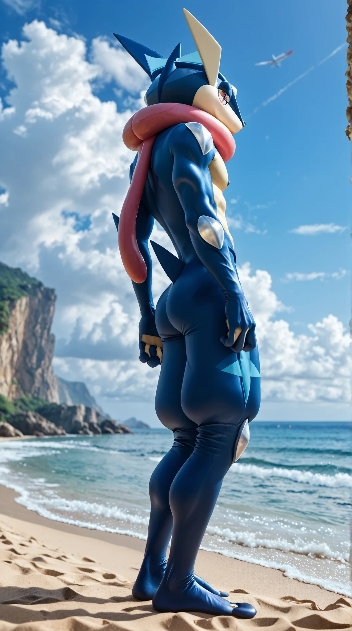 ( masterpiece, best quality:1.2),Alone, greninja macho \(Pokémon\),Pokémon \(creature\), full body bikini, there are no humans, arms extended , blue skin , tight pants looking at the viewer ,blue sky, posture: Standing on two legs , piernas abiertas , husky, husky, salivating, seductive look , marked muscles, from below, on the beach, blue sky, white clouds, Blue Sea, greninja , salivating, Looking relaxed, sacando la lengua larga de greninja , left side profile,slender legs, greninja abraza a hombre gay humano, dressed in pants and sleeveless shirt, brown hair,brown eyes