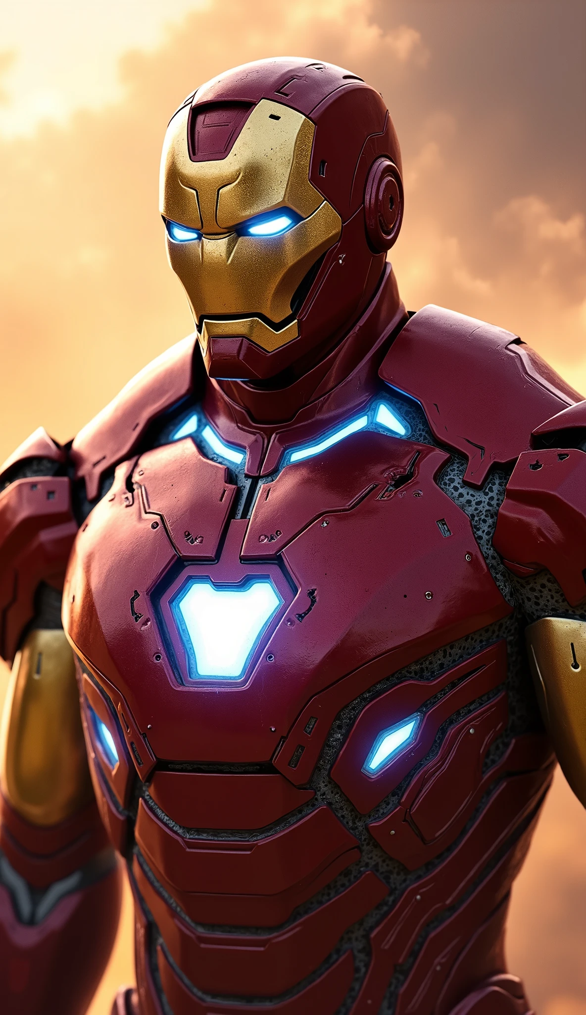 Ultra-realistic cinematic portrait of Iron Man wearing a detailed battle-worn red and gold helmet, metallic textures with scratches and glowing arc reactor on chest, glowing blue eyes behind the helmet visor, intricate armor plating with realistic reflections, dramatic backlight with golden and red tones, depth of field, fog in background, epic 8K resolution, waist up framing, high contrast, hyper-detailed lighting and textures, cinematic color grading