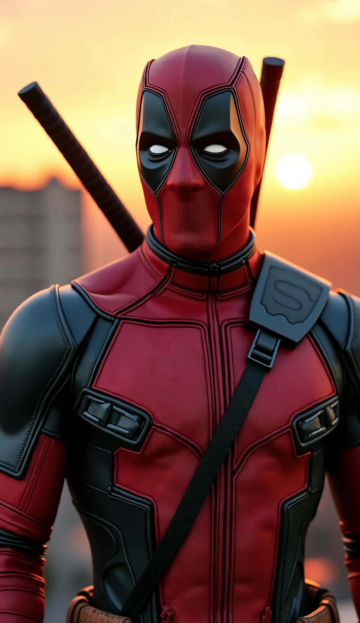 Ultra realistic 8K cinematic chest-up shot, Deadpool with slightly damaged red-and-black suit, katanas strapped on back, playful smirk under his mask wrinkles, warm sunset rim light, hyper-detailed fabric and weapon textures, blurred urban rooftop background.