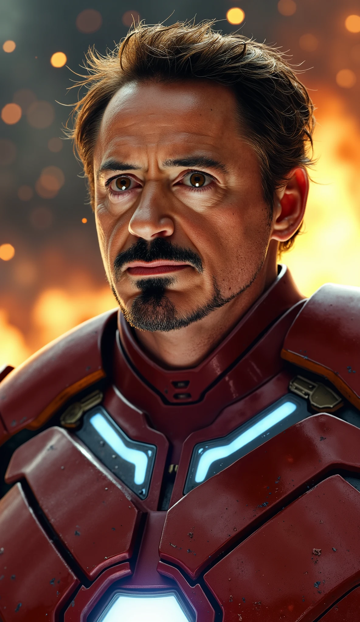 Ultra realistic 8K cinematic chest-up shot, Tony Stark with half-open Iron Man suit exposing his face, HUD glow reflecting on his eyes, soft orange explosion light from behind, armor scratches and dirt details, futuristic lab background blurred.