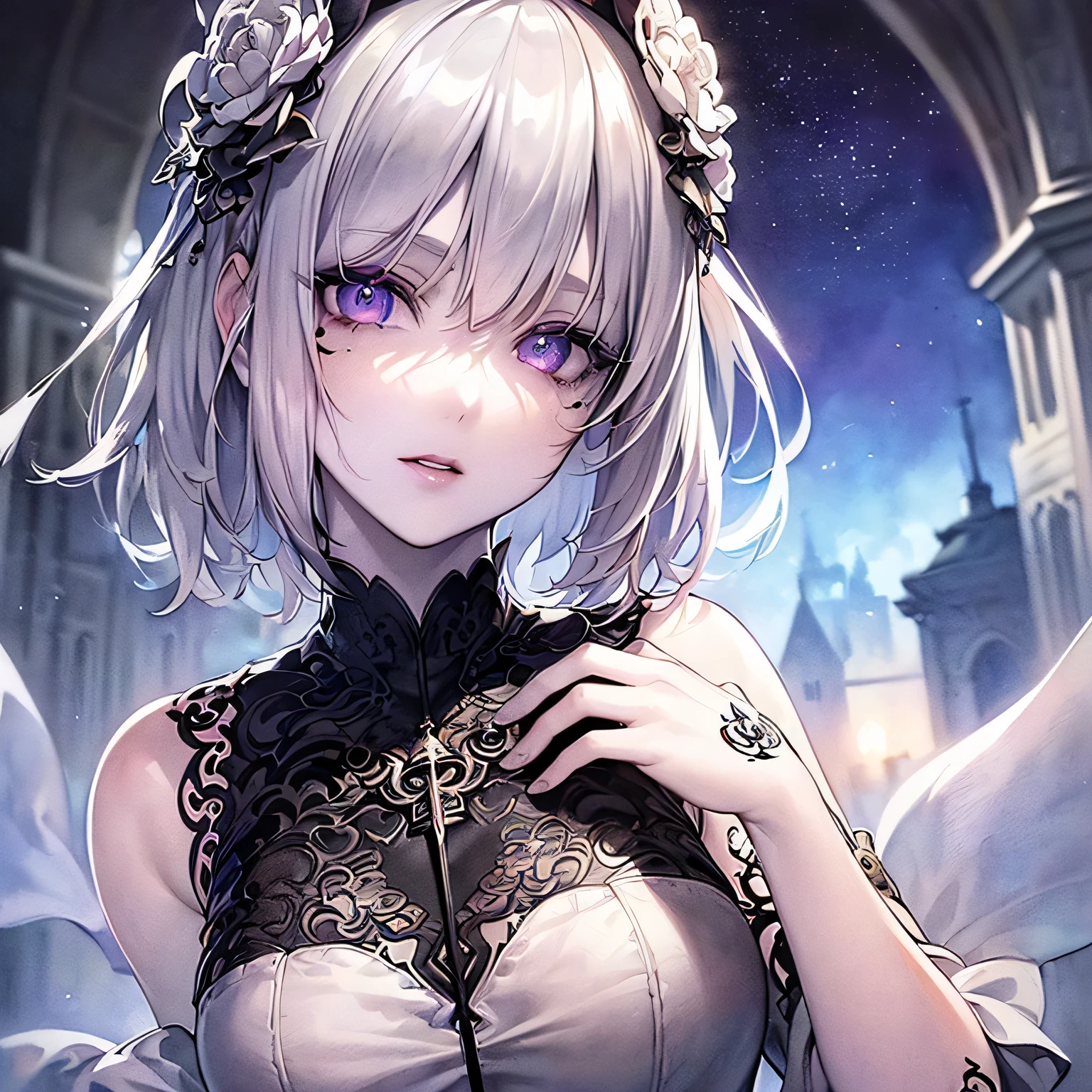 High definition RAW color art, Animation,sculptures, Silver Marble Skin, (((Ultra detailed elegant))), Magical atmosphere, Detailed skin, Texture,(Intricately detailed, Fine detail, ultra-detail art), depth of fields, Bokeh, Silky Touch, Hyper Detail, white background, (pastel purple), beautiful eyes, elegant face, （white background:1.3）, magic, surprised face, view from below, neon downtown, knit cap, above the waist