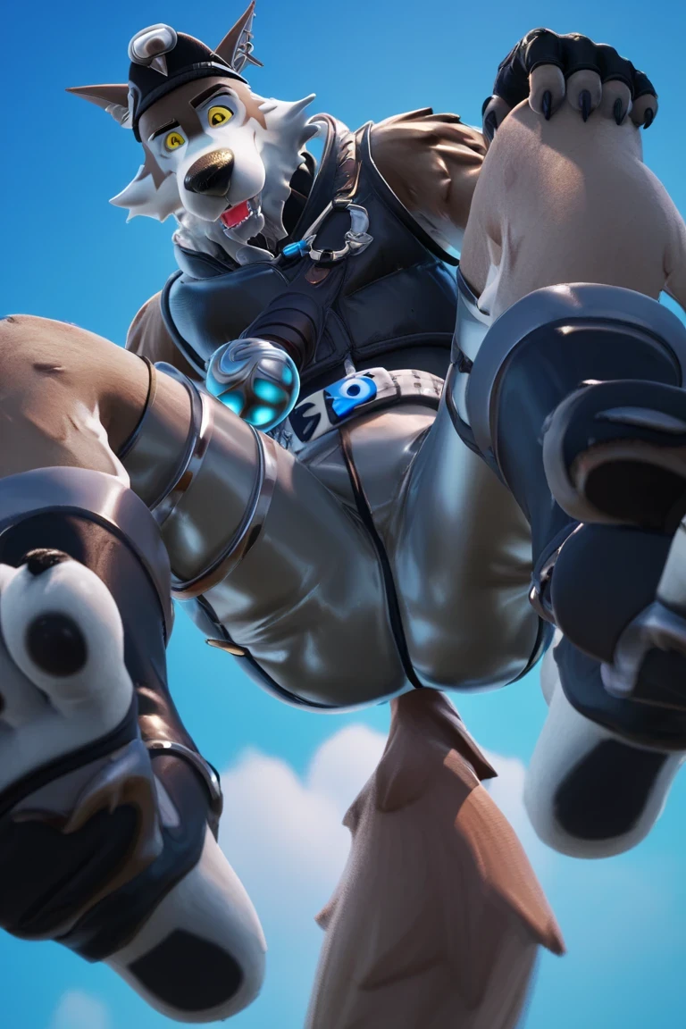 Wendel    , anthropomorphic wolf, brown and white fur, big pointed ears, detailed yellow eye bangs, black pupils, black beret, earrings, Sleeveless Black Vest, bright blue orb tied to the , silver metallic shorts with black trim and utility elements, Silver belt, chain tied to the belt, small thigh bag, anthropogenic feet, black fingerless gloves, black boots, wolf tail,  seen from below , looking down, legs spread apart, perspective from below , 