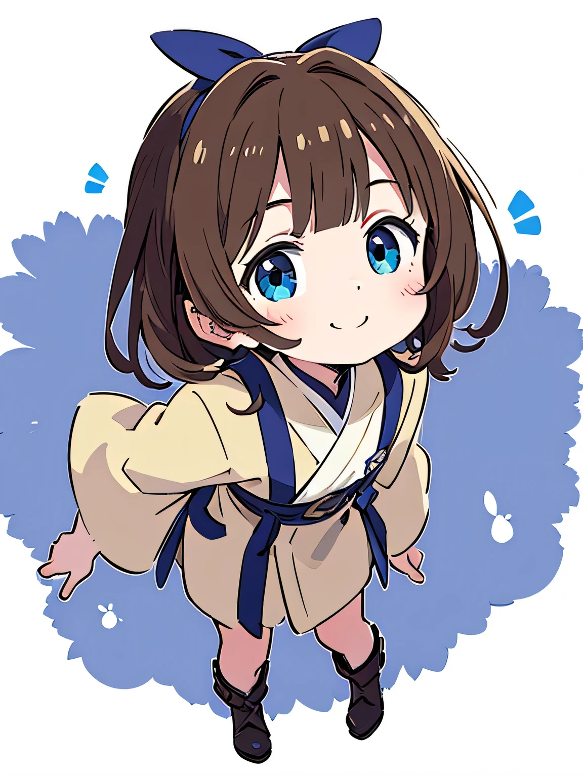 (high-quality, breathtaking),(expressive eyes, perfect face) 1female, Symmetrical Eyes, girl , solo, teenager, portrait, brown colored hair, blue coloured eyes, stylised hair, purple ribbon in hair, ribbon, cute smile, short length hair, wavy hair, side bangs, slightly narrow eyes, looking at viewer, half body, JediOutfit , robe , belt , boots, padawan, short height