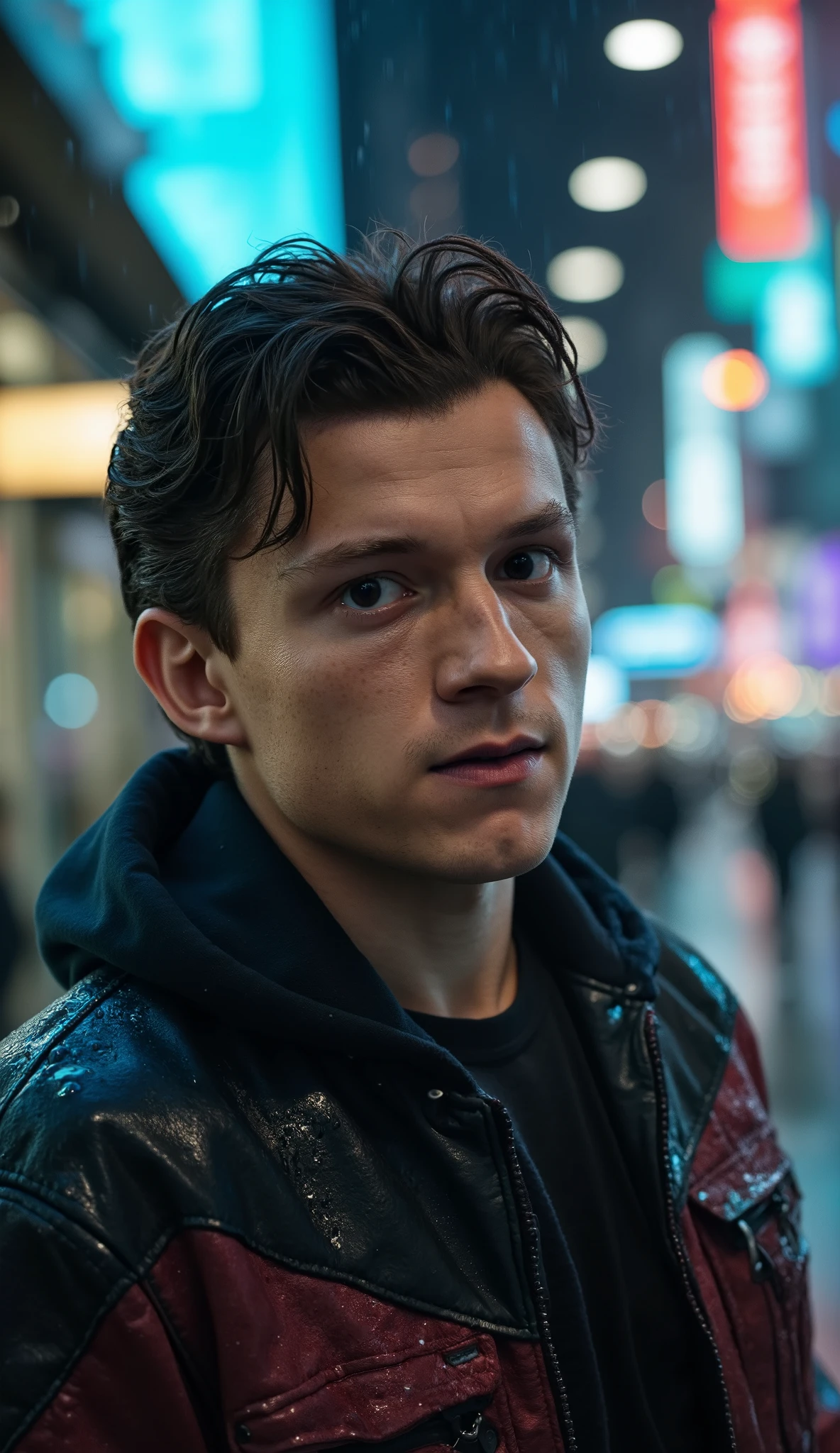 Ultra realistic 8K cinematic close-up chest-up portrait of Tom Holland standing on a rainy New York street, wearing a casual hooded jacket with raindrops visible on fabric, neon city lights reflecting softly in the wet surfaces around, hair damp from rain, subtle lens flare in eyes, blurred urban bokeh background, natural relaxed expression, hyper-detailed skin pores and fabric.