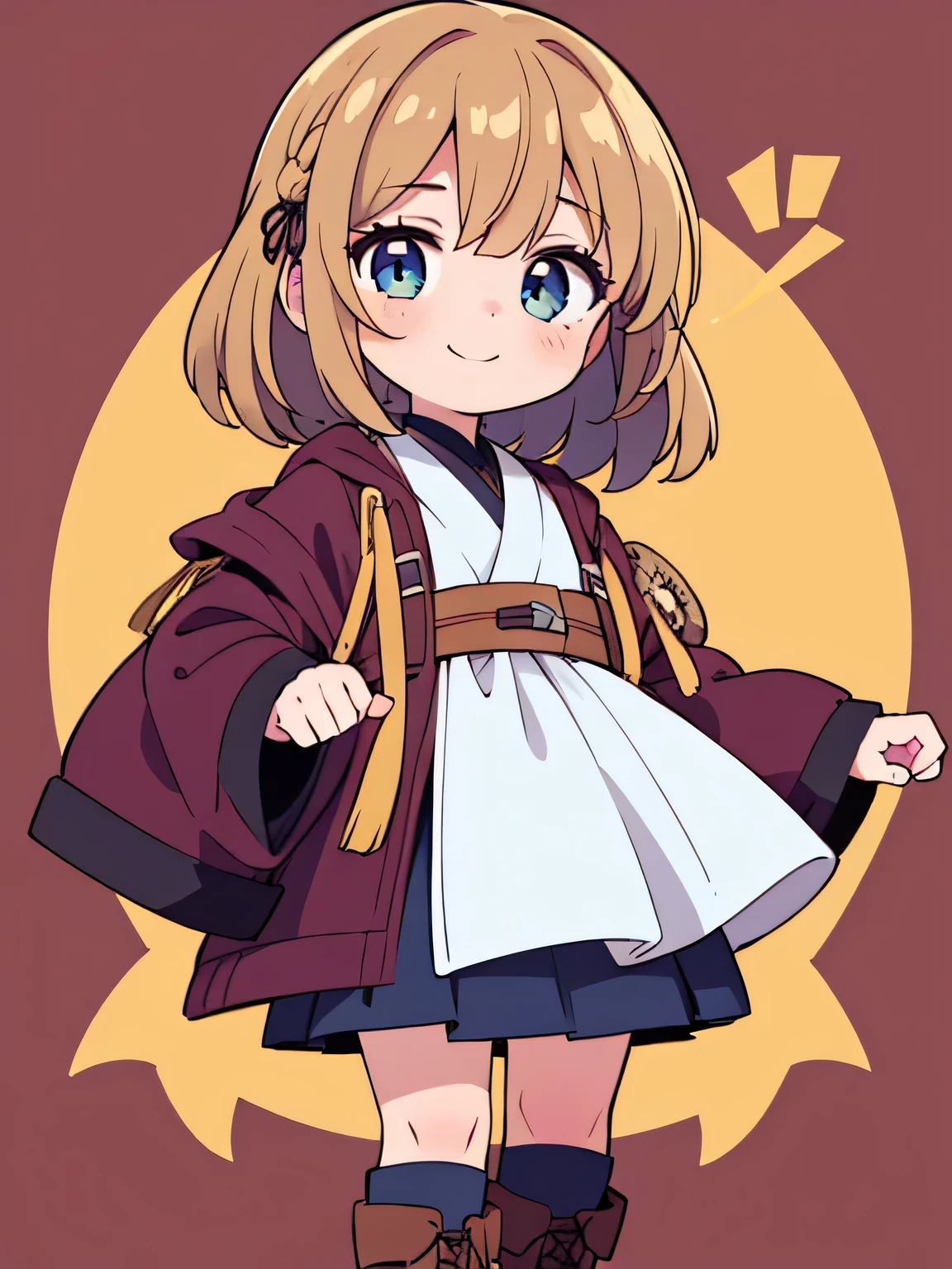 (high-quality, breathtaking),(expressive eyes, perfect face) 1female, Symmetrical Eyes, girl , solo, teenager, portrait, brown colored hair, blue coloured eyes, stylised hair, purple ribbon in hair, ribbon, cute smile, short length hair, wavy hair, side bangs, slightly narrow eyes, looking at viewer, half body, JediOutfit , robe , belt , boots, padawan, short height