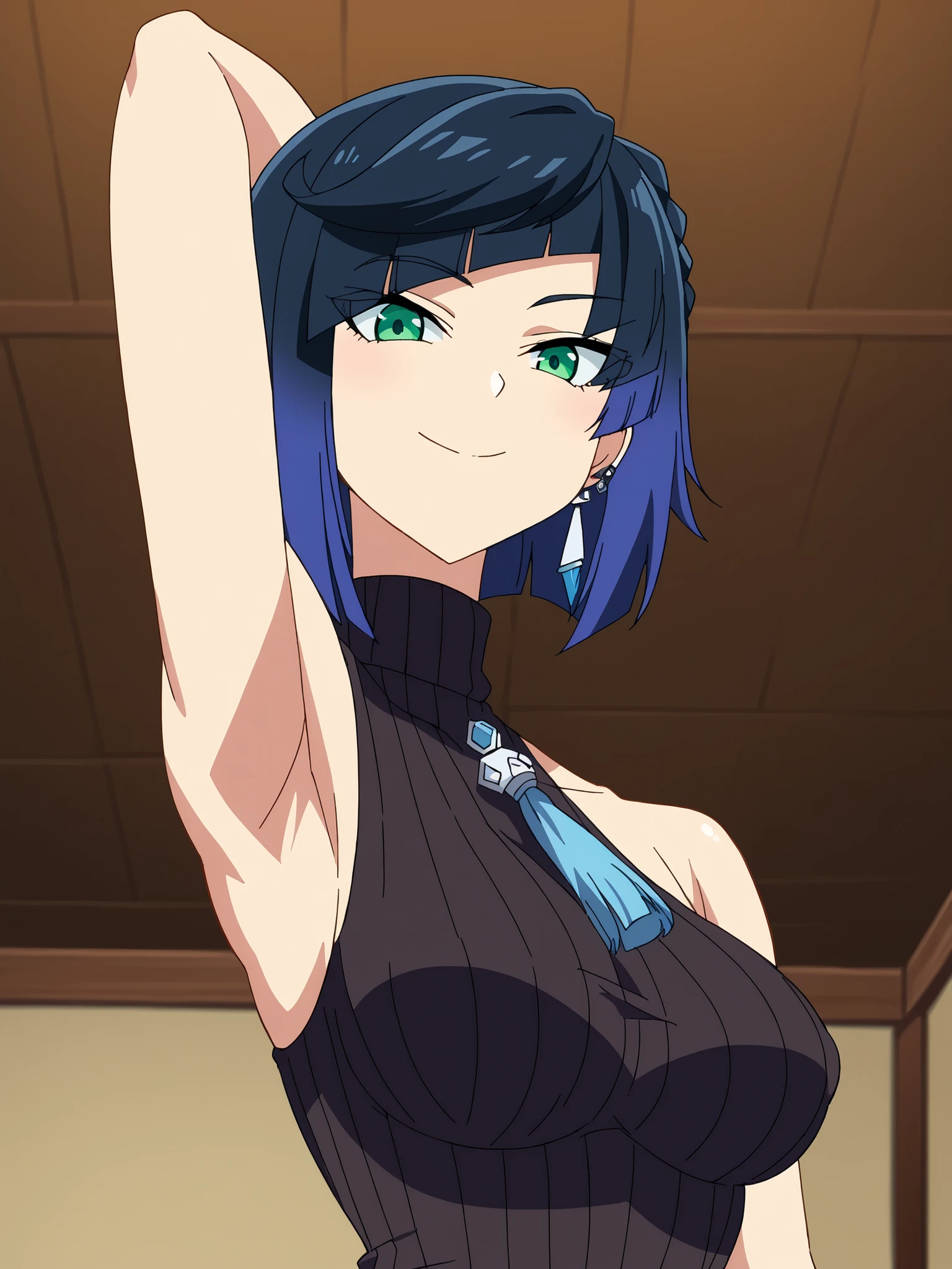 score_9, score_8_up, score_7_up, source_anime, anime screencap, 1girl, solo, yelan, black hair, blue hair, eyebrows hidden by hair, green eyes, multicolored hair, short hair, bare shoulders, bare arms, black sweater, sleeveless sweater, ribbed sweater, turtleneck, medium breasts, arm behind head, armpit, looking at viewer, head towards viewer, smile, closed mouth, badhandv4, indoors, curious, from side, from below