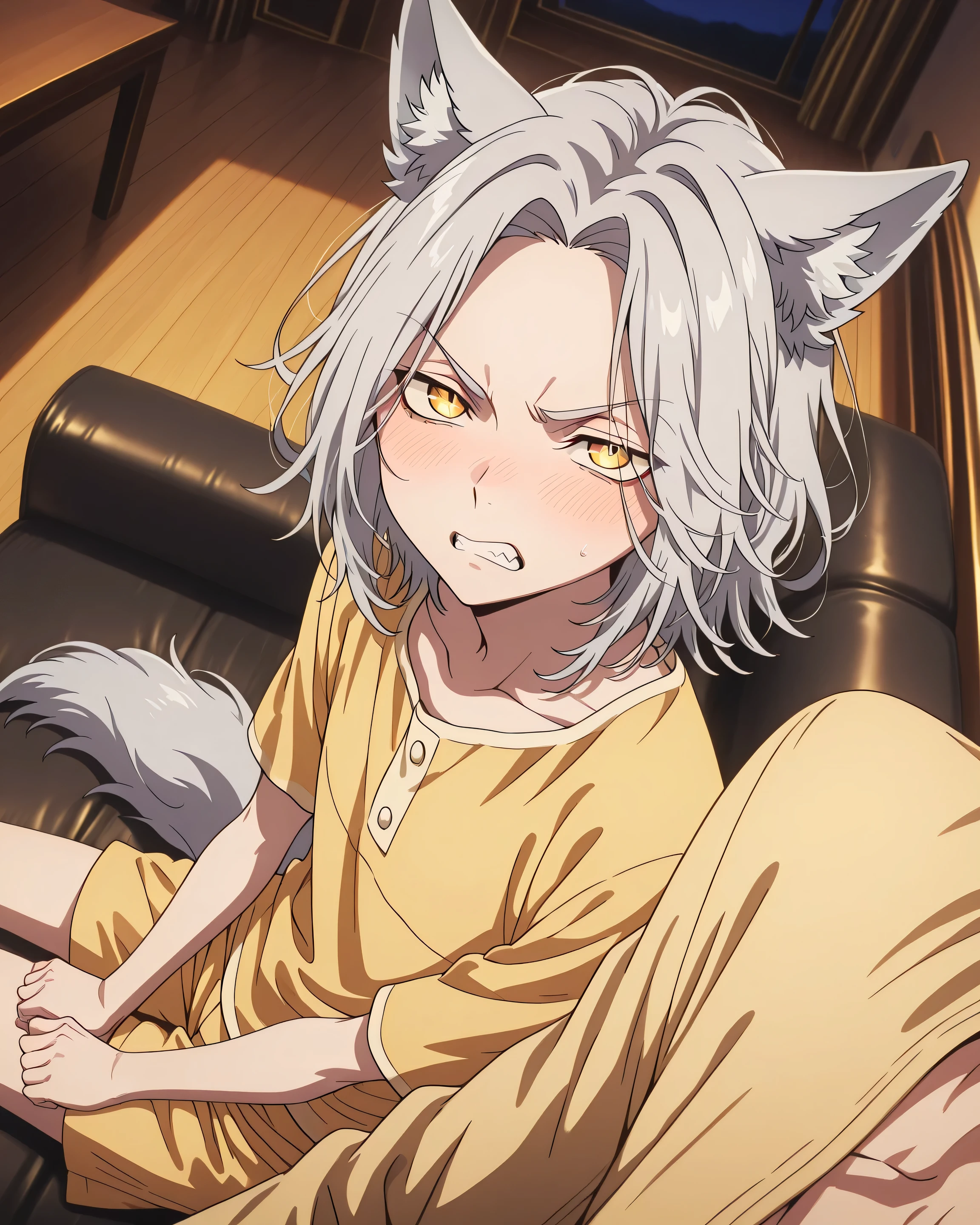 Boy, wolf hybrid, wolf tail, wolf ears, medium hair, parted bangs, silver hair, yellow eyes, vertical pupils, skinny twink, solo, detailed eyes, detailed face, detailed body, adult, detailed living room, evening, detailed eyes, detailed image, looking at viewer, sitting, on black couch, gay, embarrassed, half closed eyes, yellow pajamas top, yellow pajamas shorts, side by side POV, leaning to viewer, angry, clenched teeth, flustered