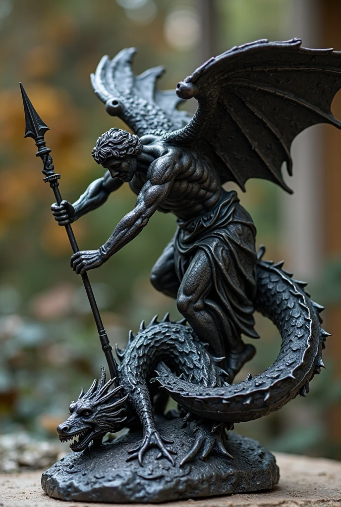 naked man with dragon hands and feet and a pair of angelic wings , wearing a crown, holding a snake with one hand and riding on a wolf with dragon wings.
