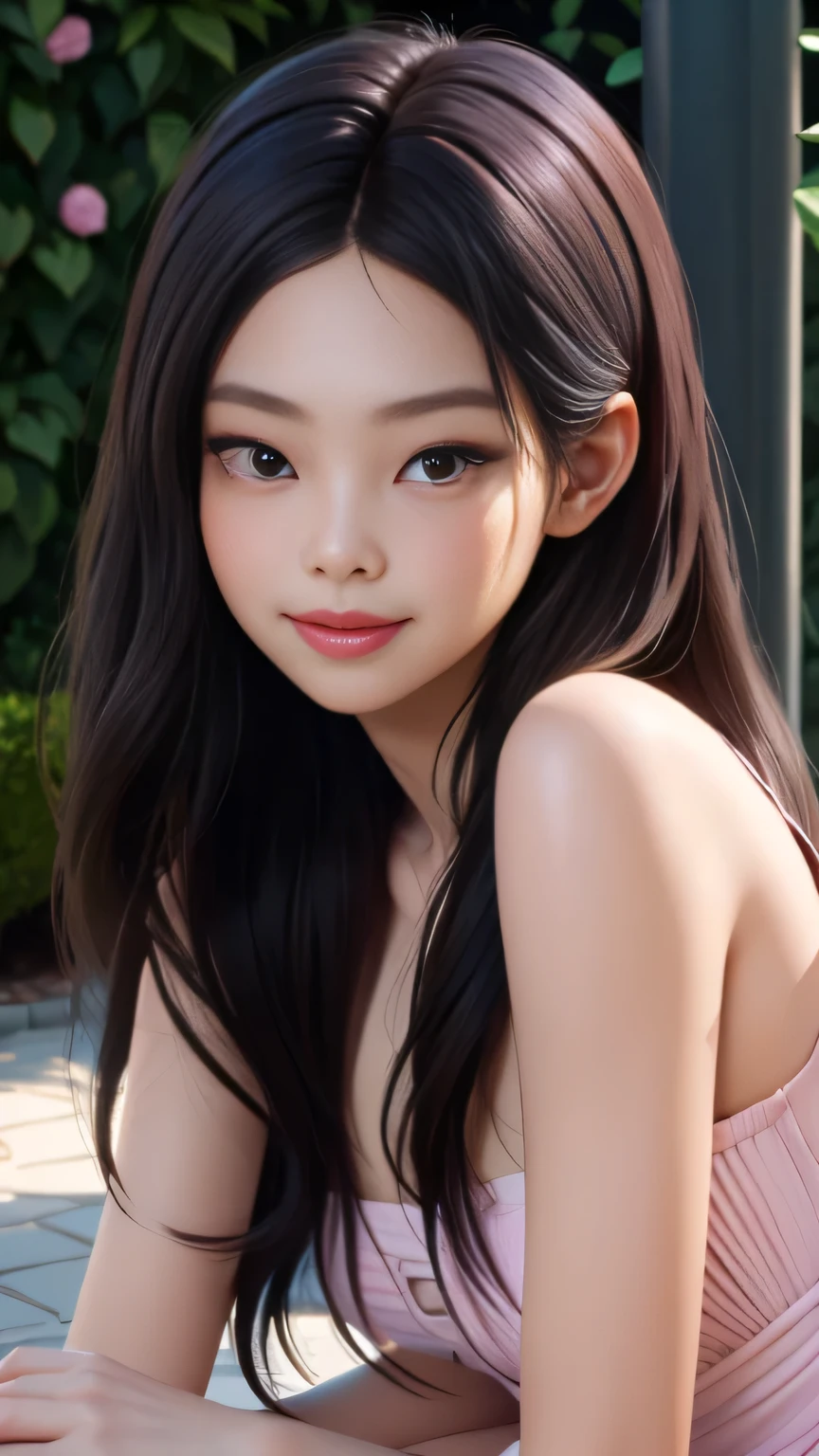 RAW digital art, ultra-realistic 3D render of a stunning woman resembling Jennie from Black Pink, ((highly detailed face:1.3)), flawless skin texture, expressive eyes with subtle reflections, soft shadows and cinematic studio lighting, Pixar-inspired style blending vibrant colors with realistic details, smooth yet detailed hair strands, perfectly portioned body, perfect breasts, wearing Soft pastel pink strapless sundress with ruffled hem, quaint garden patio with wrought-iron furniture and blooming roses., posed naturally with a confident, playful smile, background softly blurred with warm tones, (8K resolution, intricate textures, sharp focus)