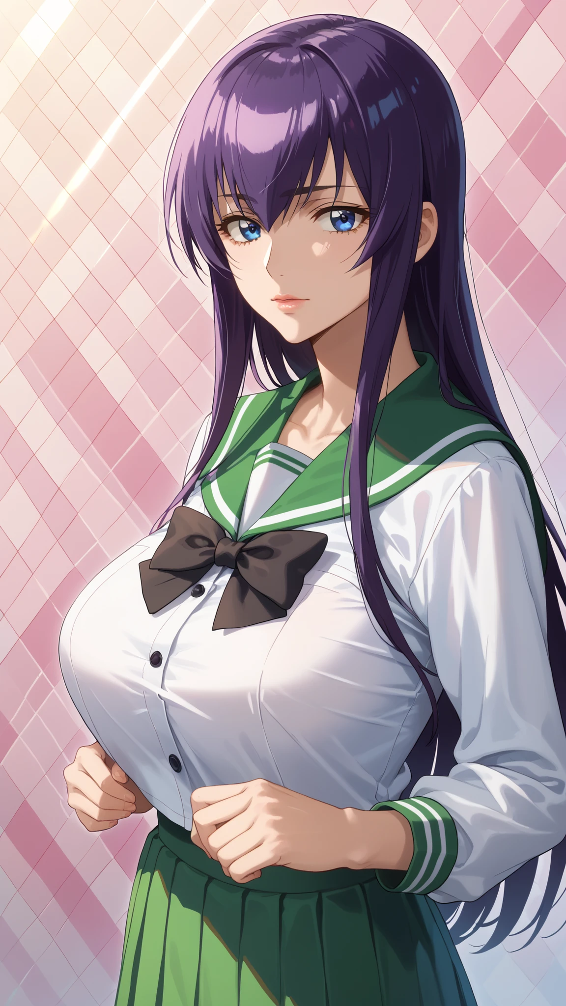 score_9, score_8_up, score_7_up, 1 girl, Stares at Viewers, sunlight, OverviewBackground, Argyle Pattern Background, rainbow, heart, upper body, close-up, Portrait,
Saeko _I love Sujima, purple hair, blue eyes, long hair, Between the eyebrows, school uniform, sailor suit, green skirt, long skirt, pleated skirt, black bow tie,
lips, no expression, bigger in bikinis, lowered, mature woman, place your hands on your lower back,